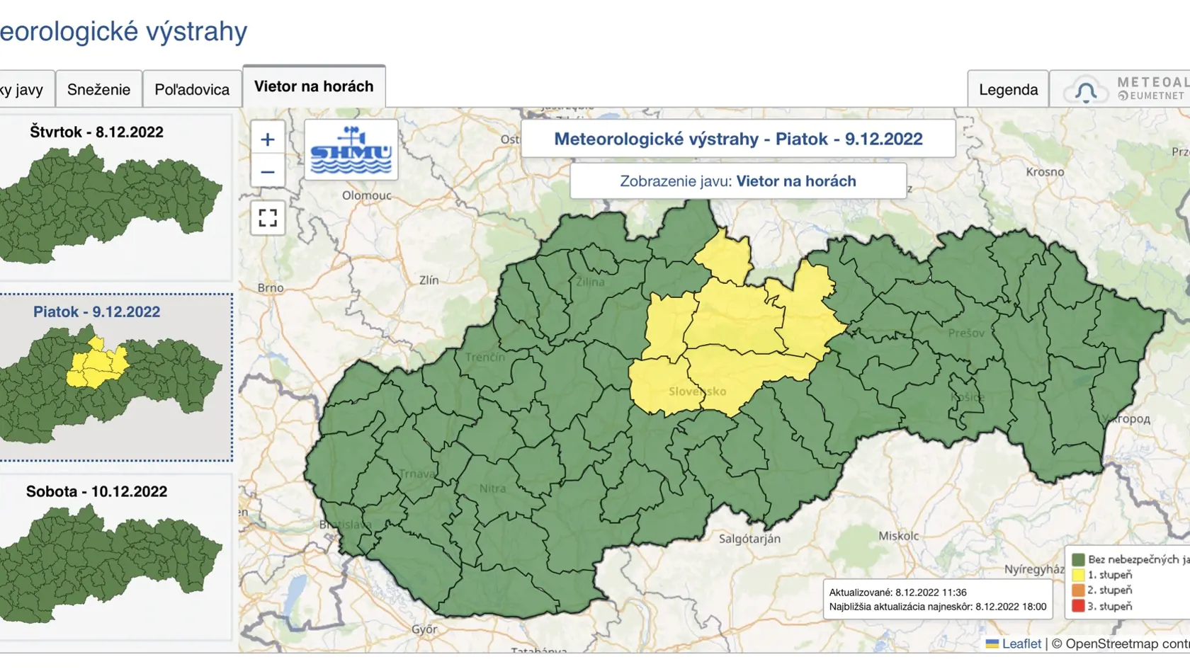 Meteorologické výstrahy - vietor na horách - 9.12.2022.