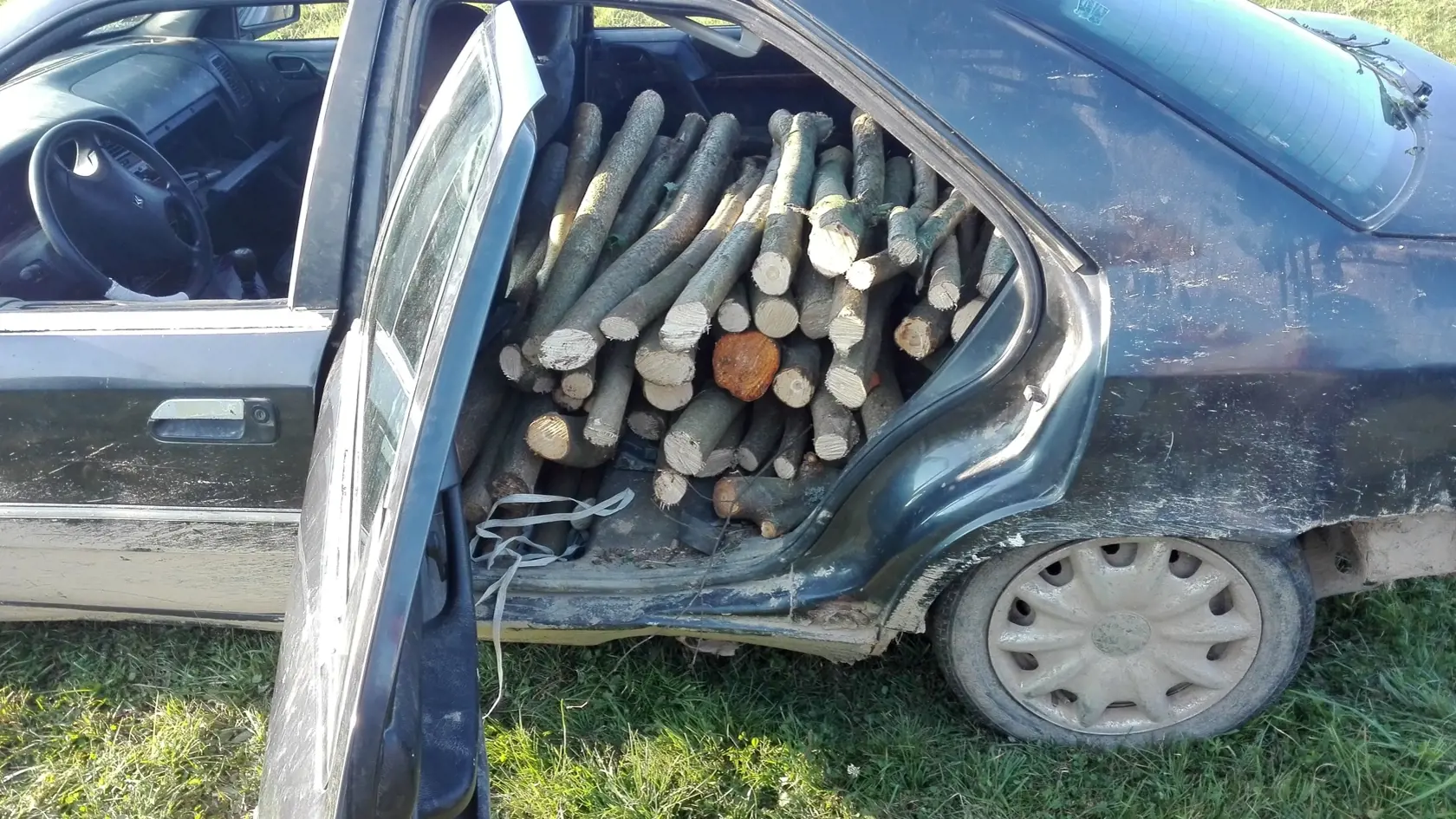 V aute mali pekne naukladané kusy dreva.