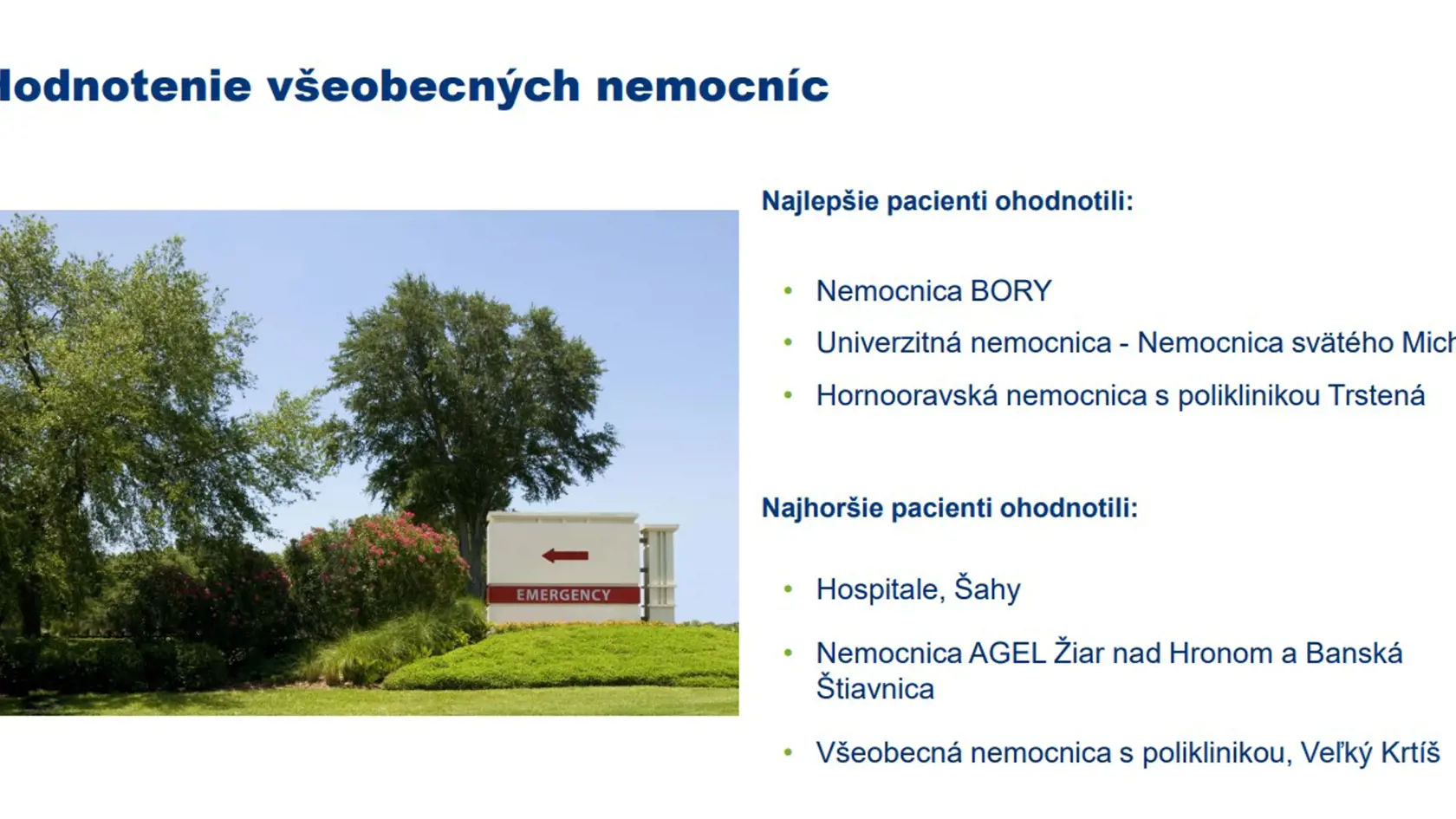 Kde sú najlepšie a kde najhoršie hodnotené nemocnice?