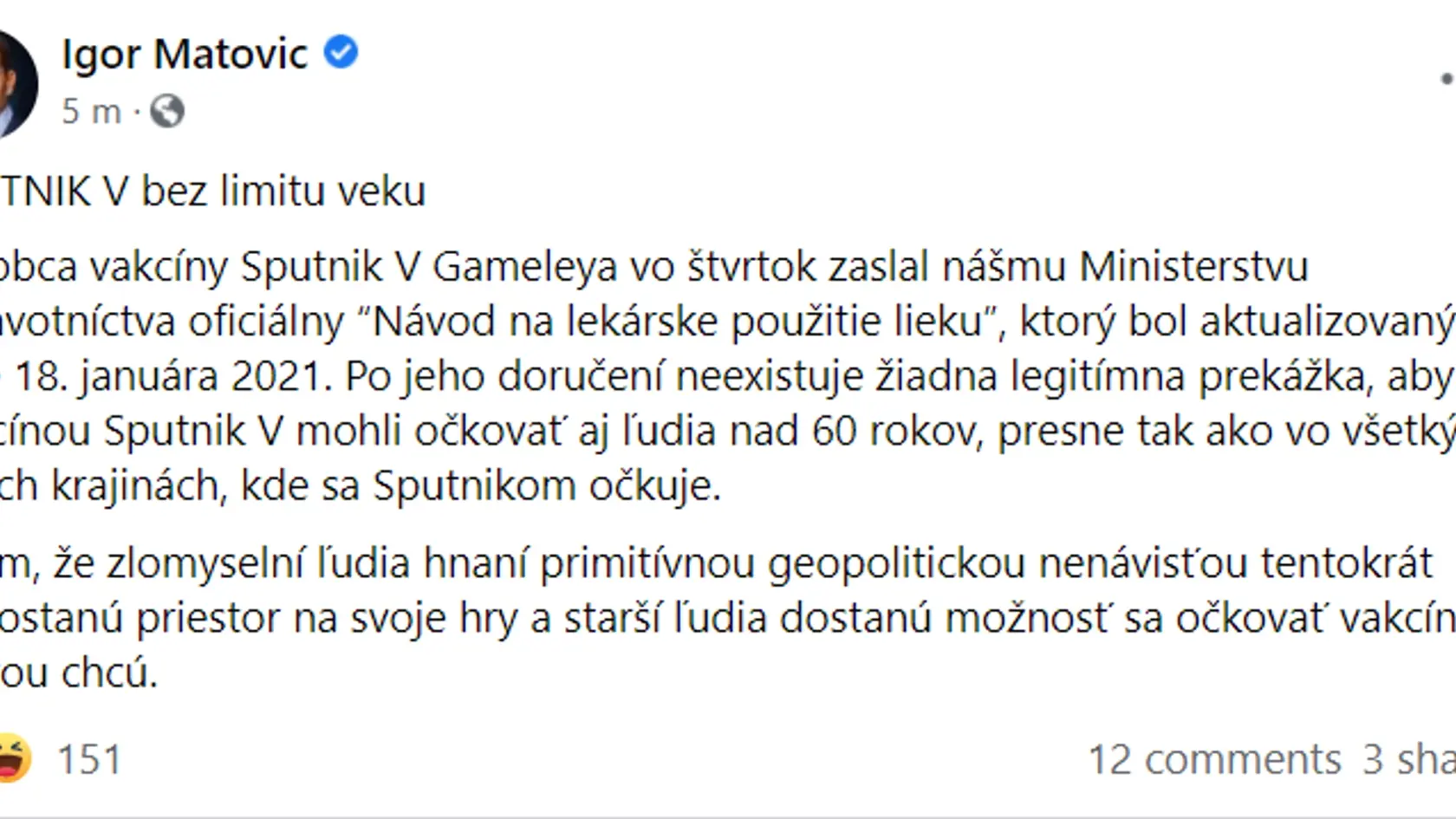 Sputnikom sa možno nakoniec budú môcť zaočkovať všetky vekové kategórie.