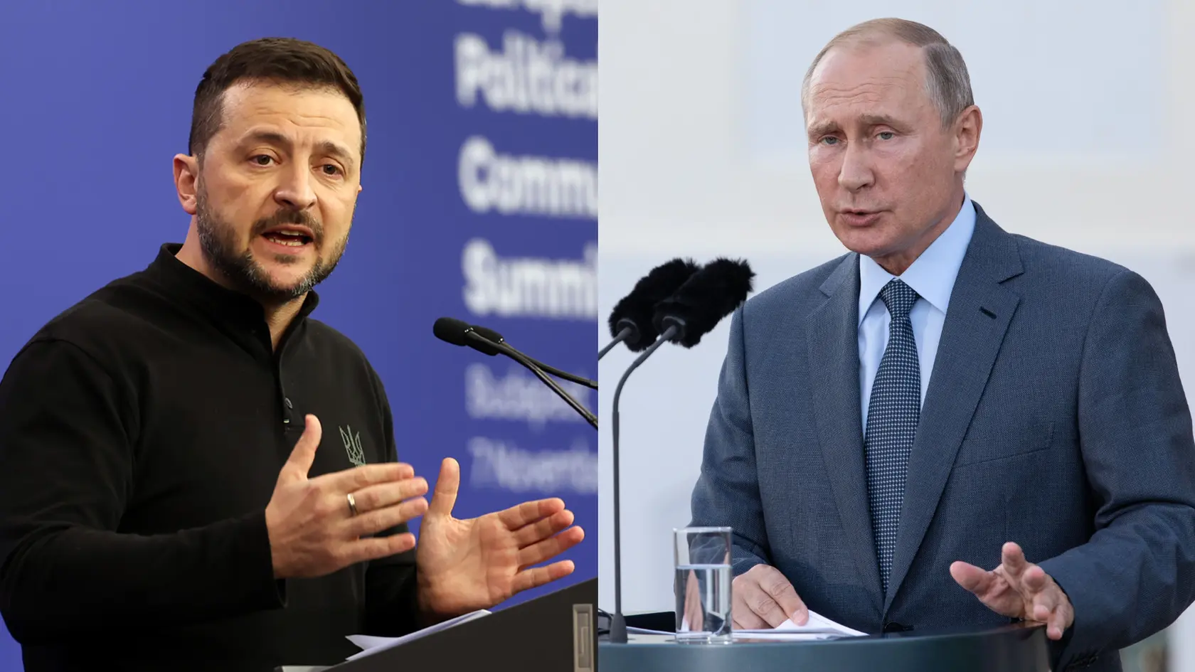 Ukrajinský prezident Volodymyr Zelenskyj a ruský prezident Vladimir Putin.