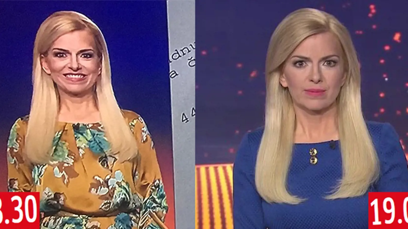 18:30 V upútavke sa divákom prihovorila v šatách. 19:00 Počas večerných správ mala na sebe modrý kostým.