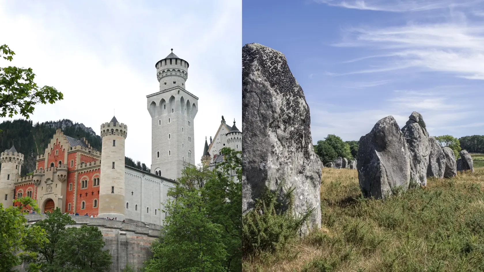 Zámok Neuschwanstein v Bavorsku a megality vo francúzskom Carnacu.