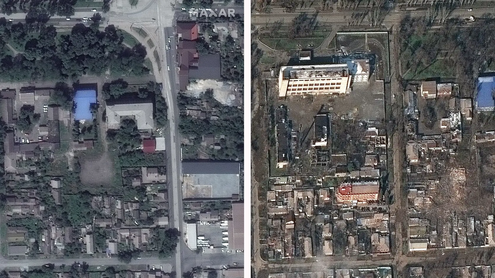 WA 38 Mariupol - Kombosnímka zo satelitu zachytáva budovy a domy v Mariupole z februára 2022 pred (vľavo) a po (vpravo) ruskej invázii na Ukrajine z 9. marca 2022.  FOTO TASR/AP 

  
This combination of satellite images provided by Maxar Technologies shows buildings and homes in Mariupol, Ukraine on Wednesday March 9, 2022, before the Russian invasion of Ukraine in Feb. 2022, left, and after the invasion, right. (Satellite image Â©2022 Maxar Technologies via AP)