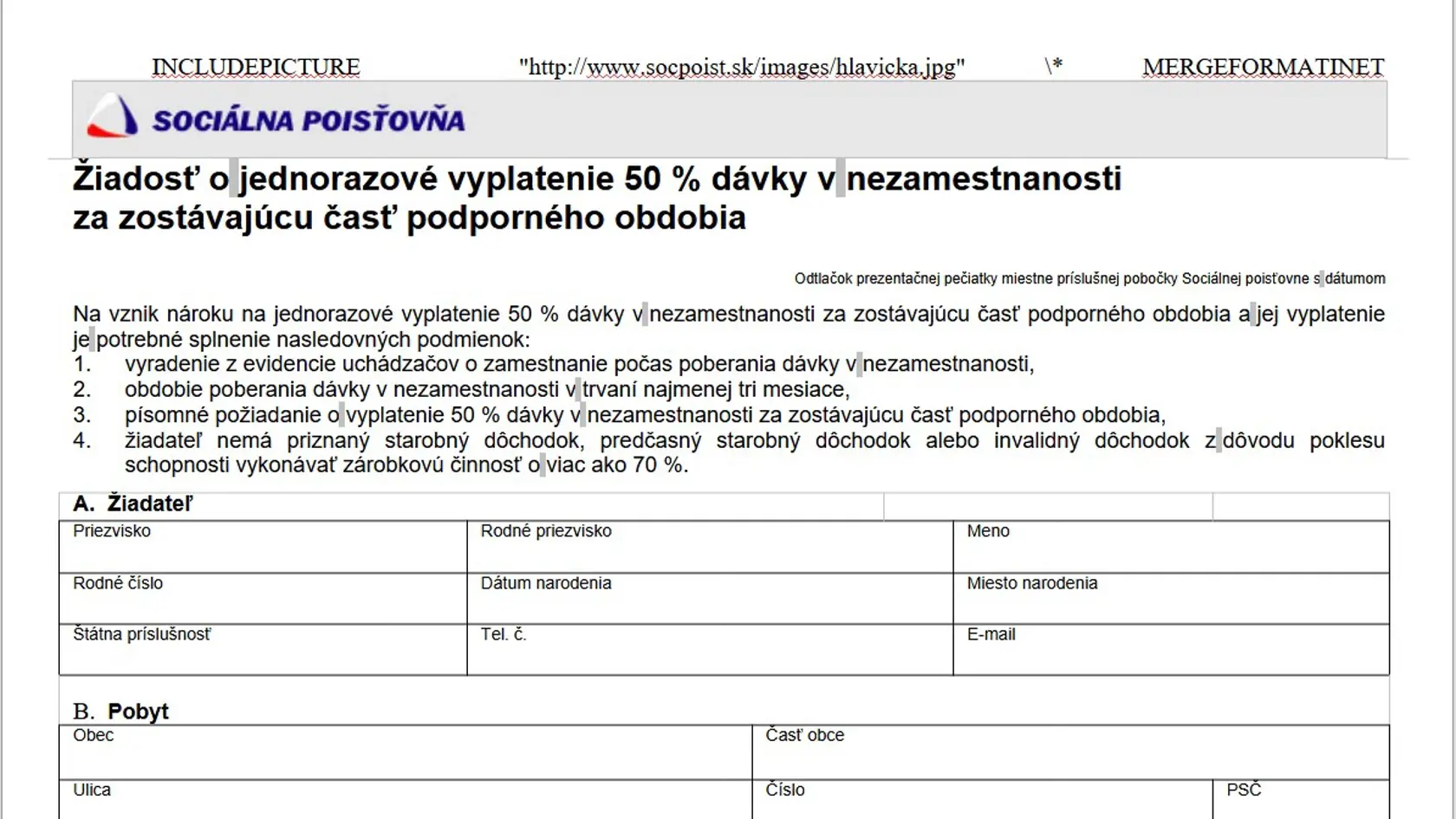 Vzor žiadosti o jednorazové vyplatenie dávky v nezamestnanosti.