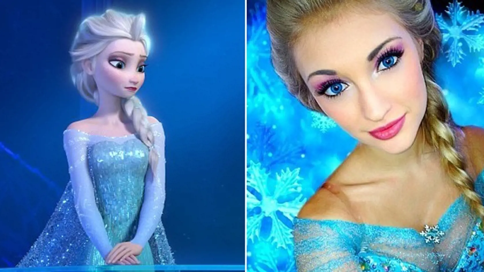 Princezná Elsa z rozprávky Ľadové kráľovstvo a jej živá kópia Anna, ktorá si vybudovala svoj imidž na rozprávkovej postave.