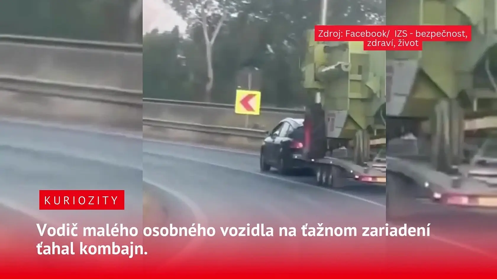 Na ceste zažijete hocičo. Ale, že pred kombajnom uvidíte malé autíčko, ako ho urputne ťahá, by ste nečakali.
