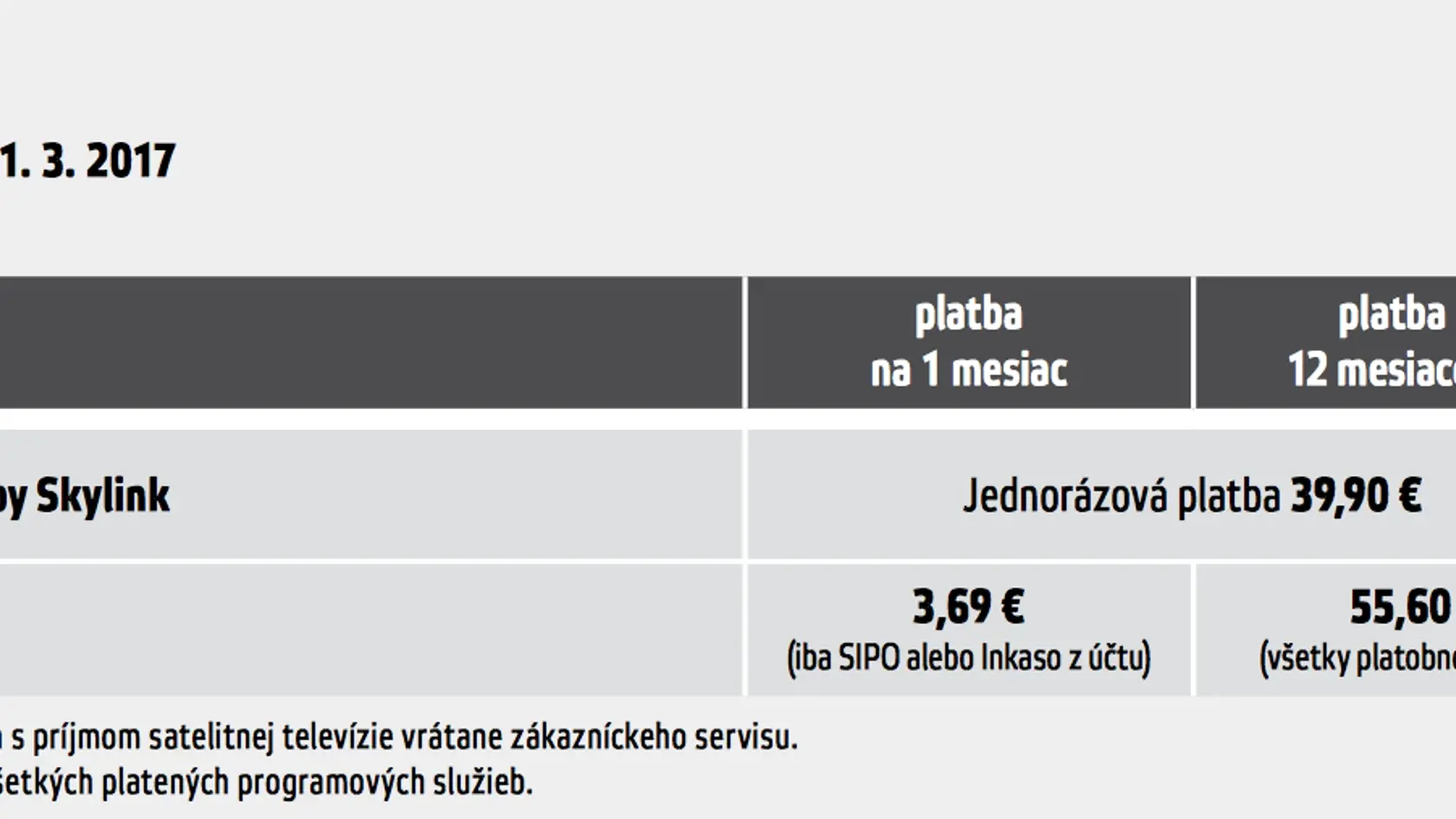 Z cenníka Skylink platného od 1. marca 2017.