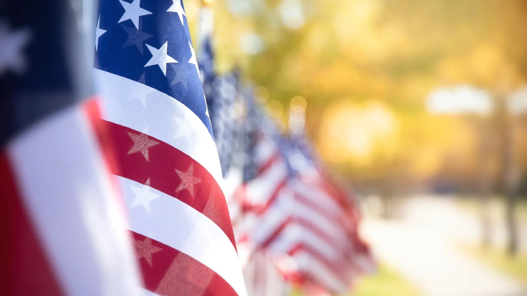 Closeup of an American flag in a row. Memorial day, Independence day, Veterans day, patriotic concept. Copy space.