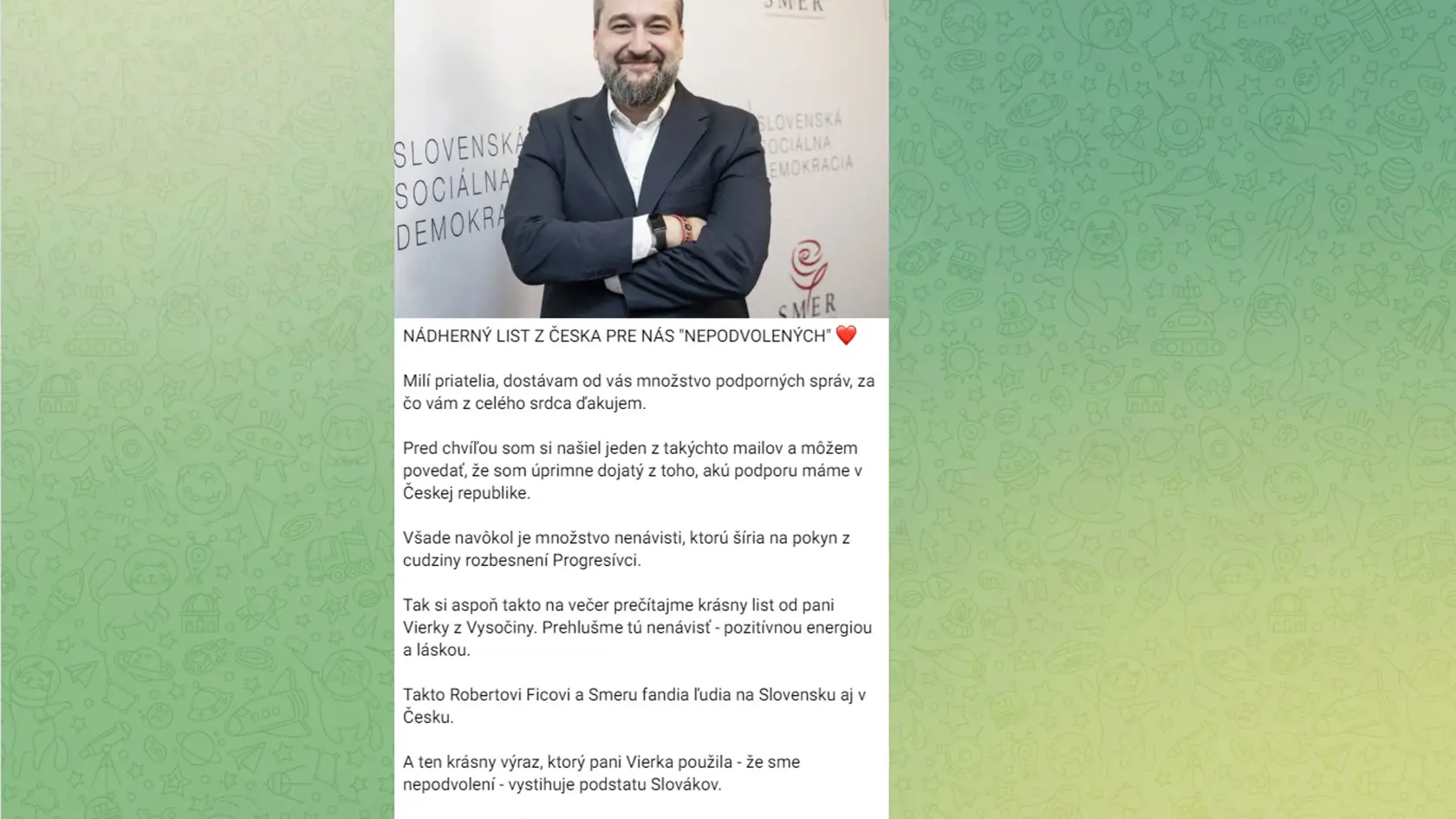Prvá  časť príspevku Ľuboša Blahu, kde zverejnil odkaz občianky z Českej republiky, ktorý mu podľa jeho slov napísala.