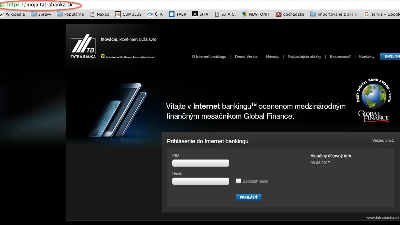 Oficiálny internetbanking spoznáte podľa zámku vedľa označenia https.