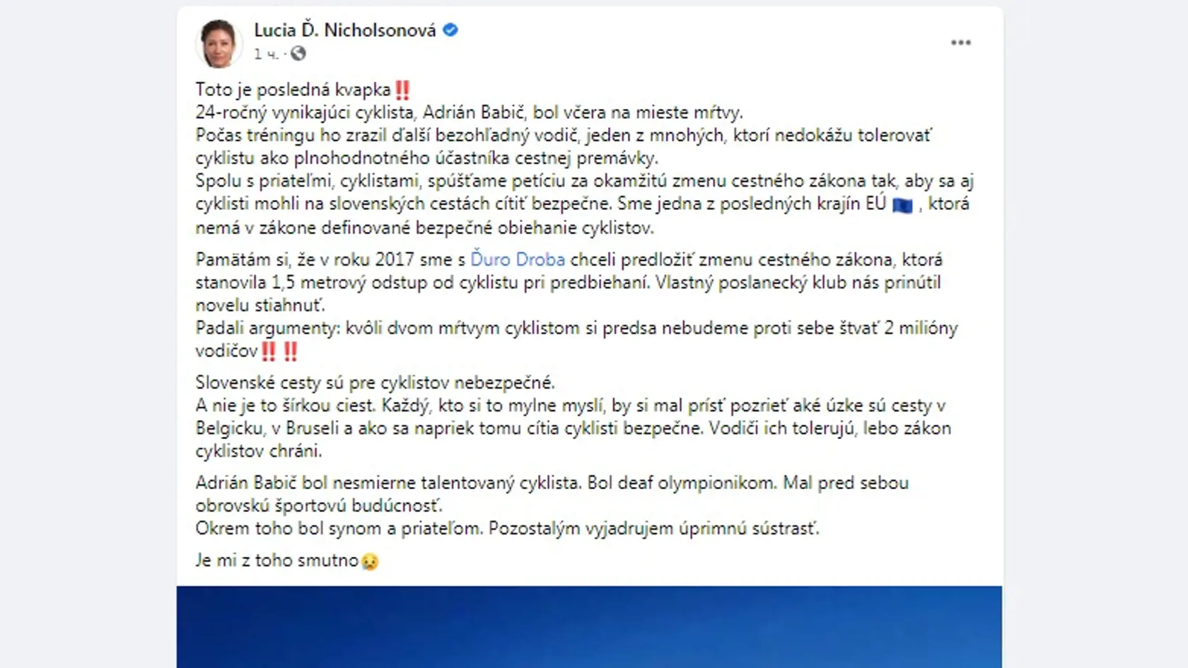 Lucia Ďuriš Nicholsonová na sociálnej sieti emotívne reagovala na tragickú smrt talentovaného slovenského cyklistu