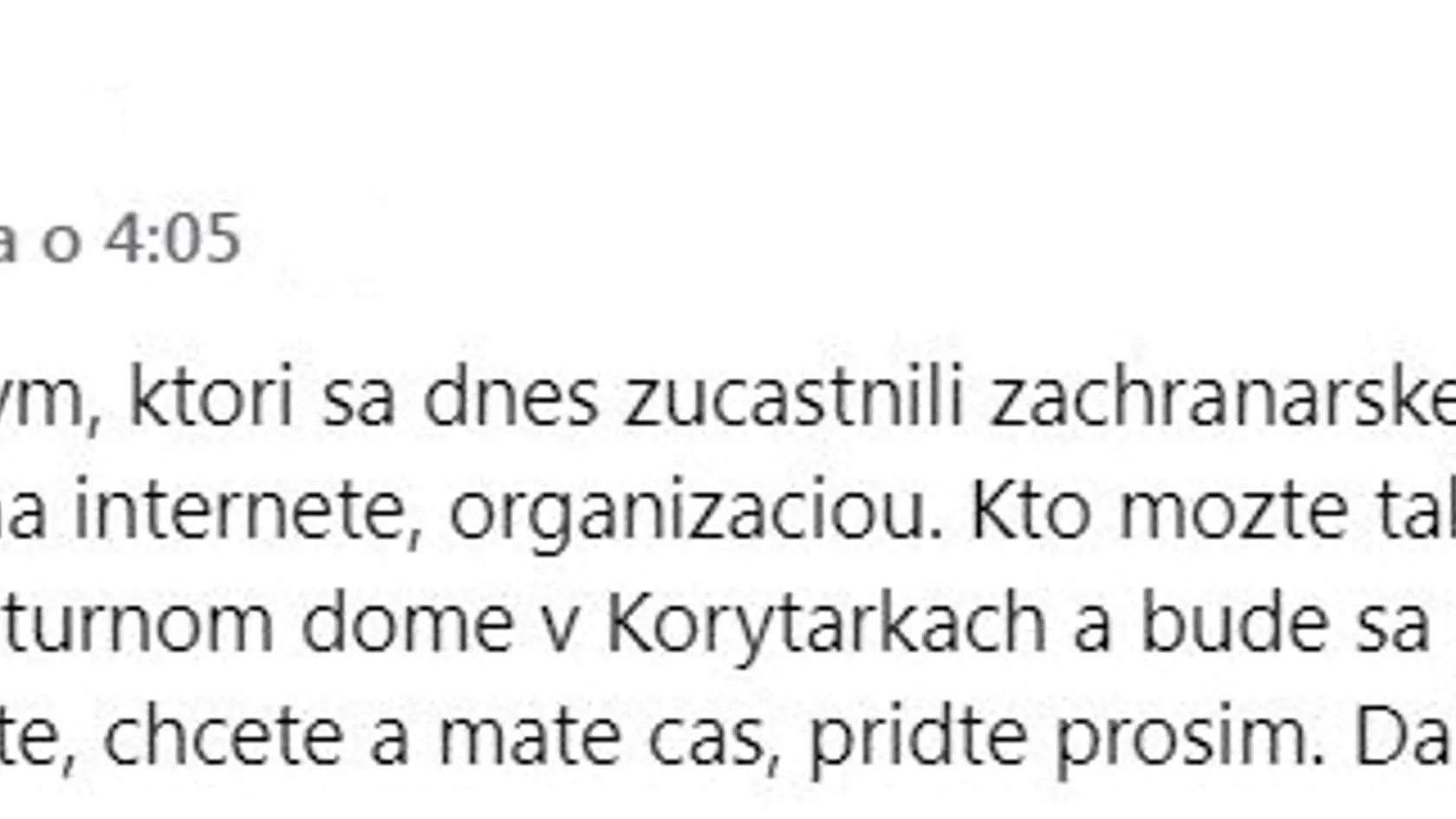 Poďakovanie syna Filipa účastníkom pátracej akcie.