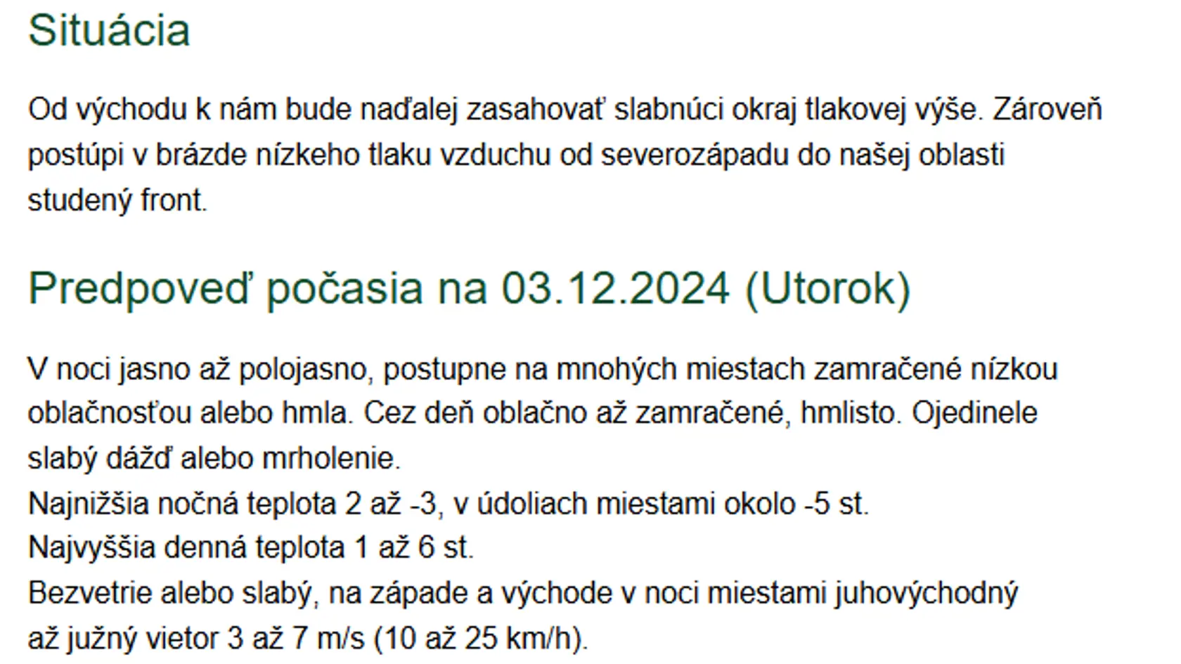 Predpoveď počasia na prvý decembrový týždeň.