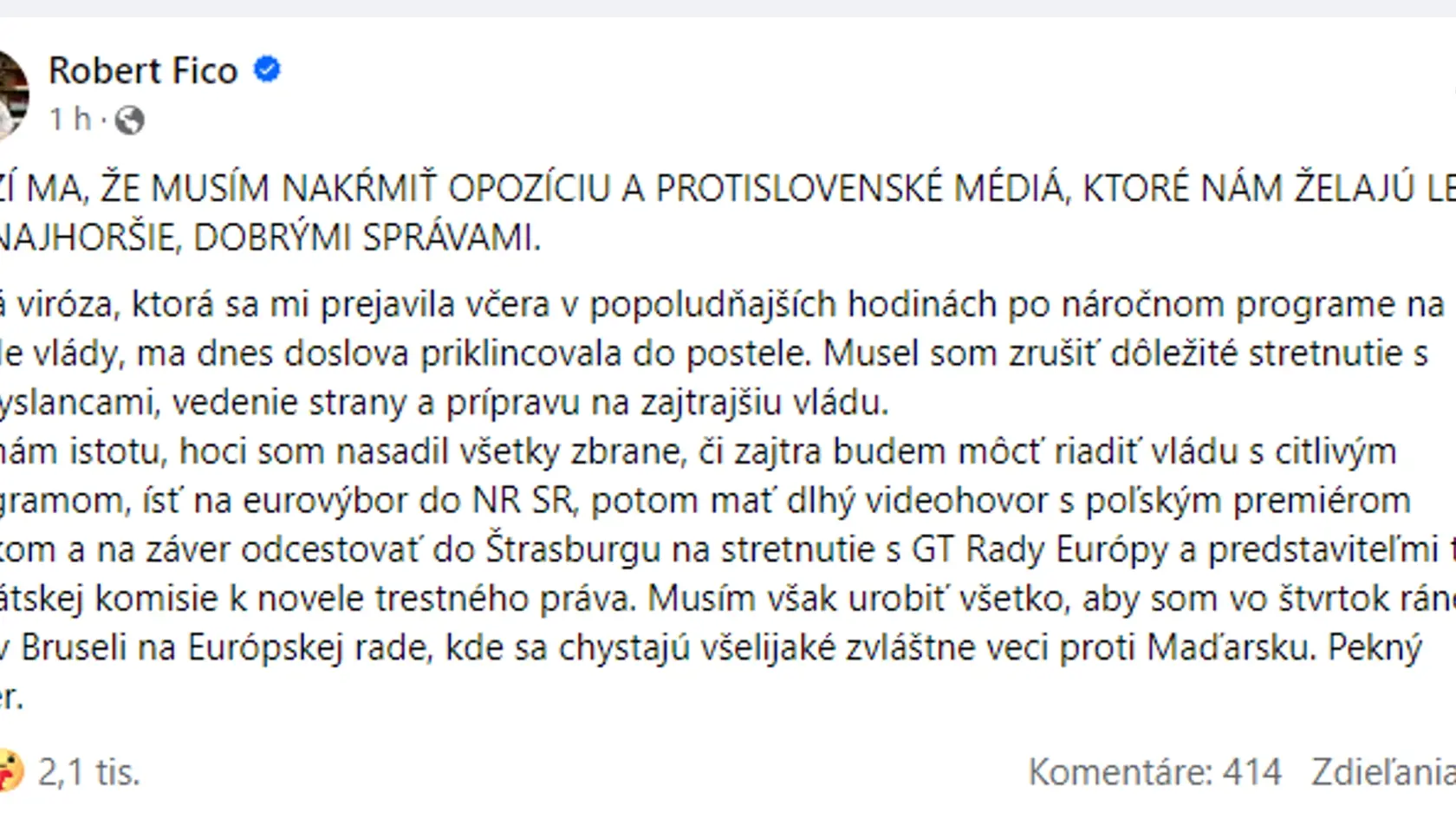 Status Roberta Fica, v ktorom o sebe prezradil, že je chorý.