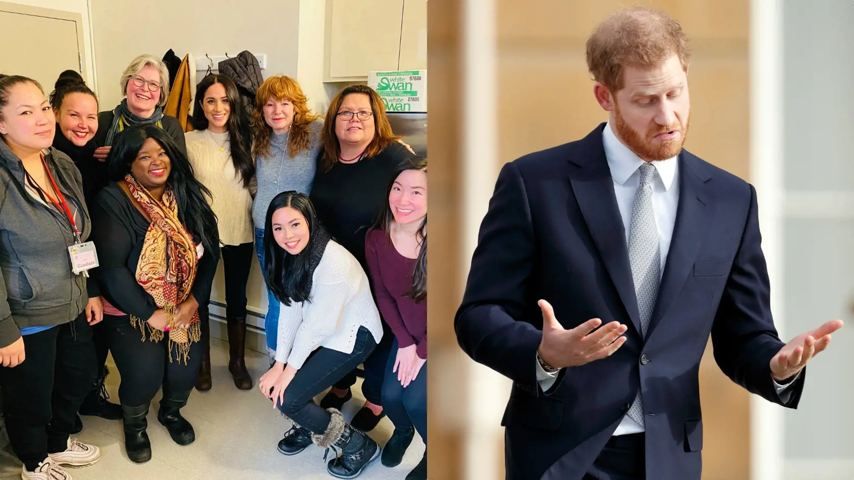 Meghan (vľavo v strede) má za sebou už svoju prvú „oficiálnu“ návštevu v Kanade. Hneď po tom ju prišla pozrieť jej dlhoročná kamarátka, aby sa v obrovskej vile vojvodkyňa necítila sama. Harry (vpravo) je totiž stále v Británii.