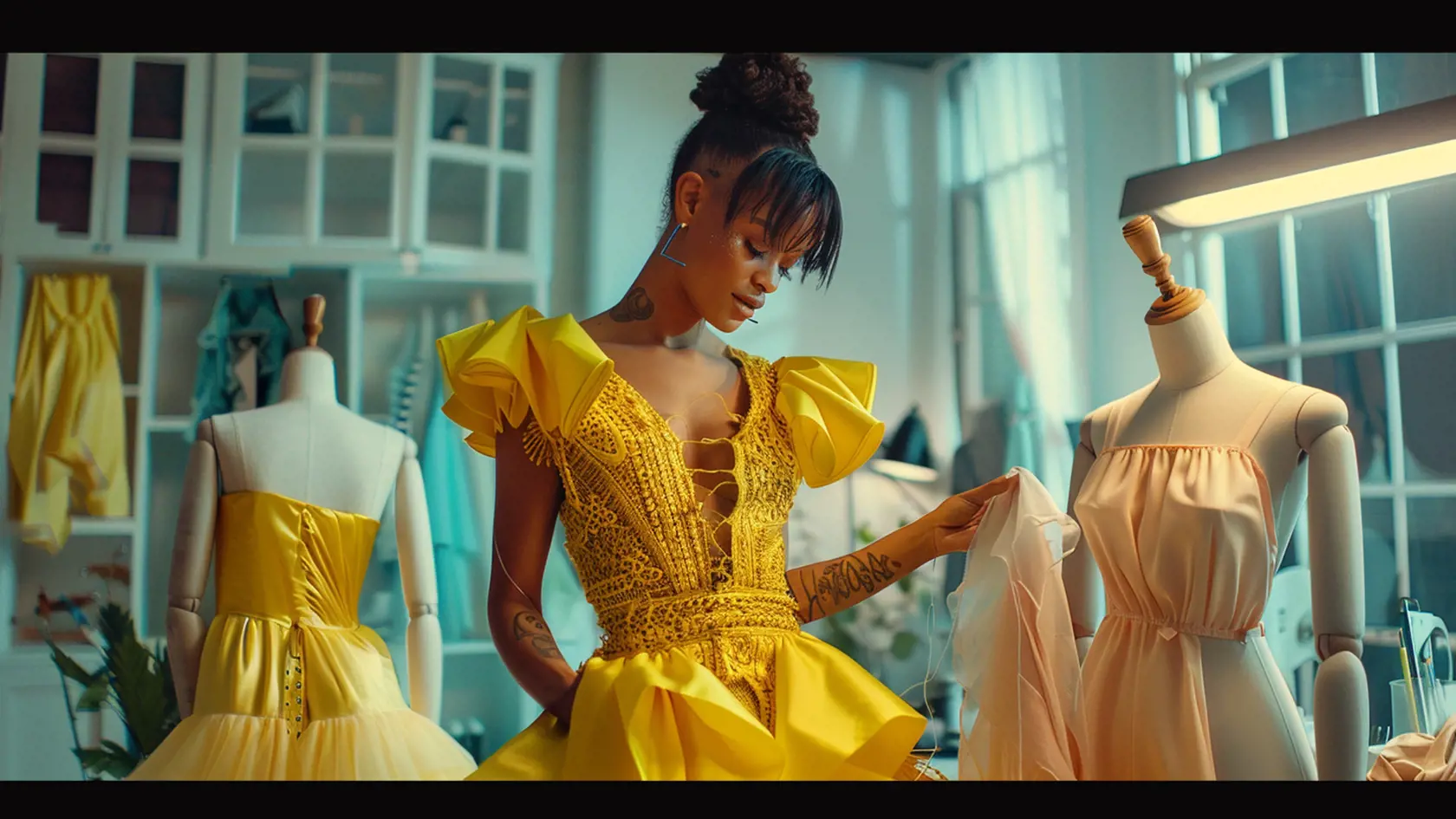 Rihanna navrhuje elegantné šaty vo svojom kreatívnom módnom ateliéri