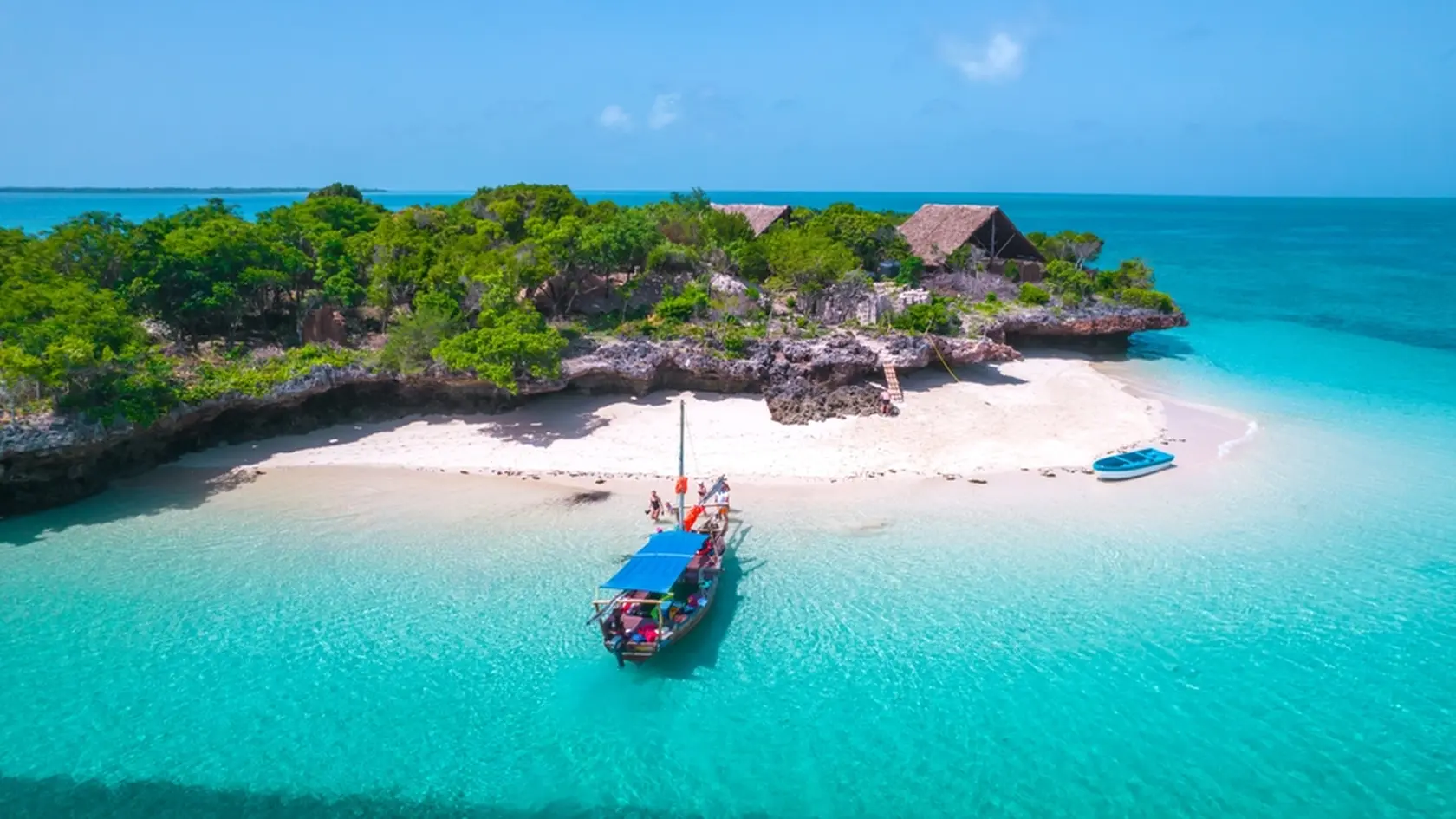 Beholding the aerial perspective of Zanzibar Island's coastline is a true delight, featuring its immaculate beaches and crystal-clear turquoise waters.