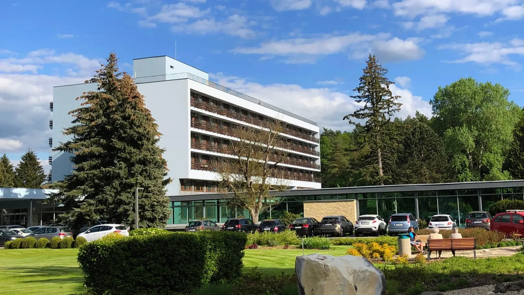 Dudince, Slovakia, May 15, 2023: View from the park to the spa hotel Smaragd.