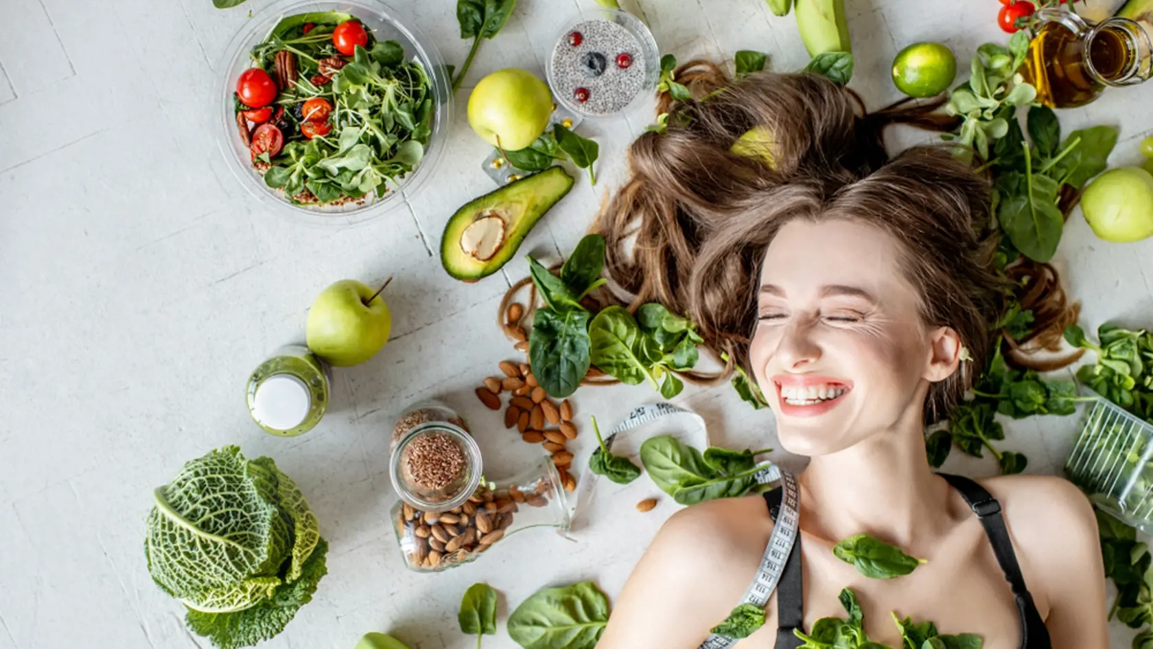 Beauty,Portrait,Of,A,Woman,Surrounded,By,Various,Healthy,Food
