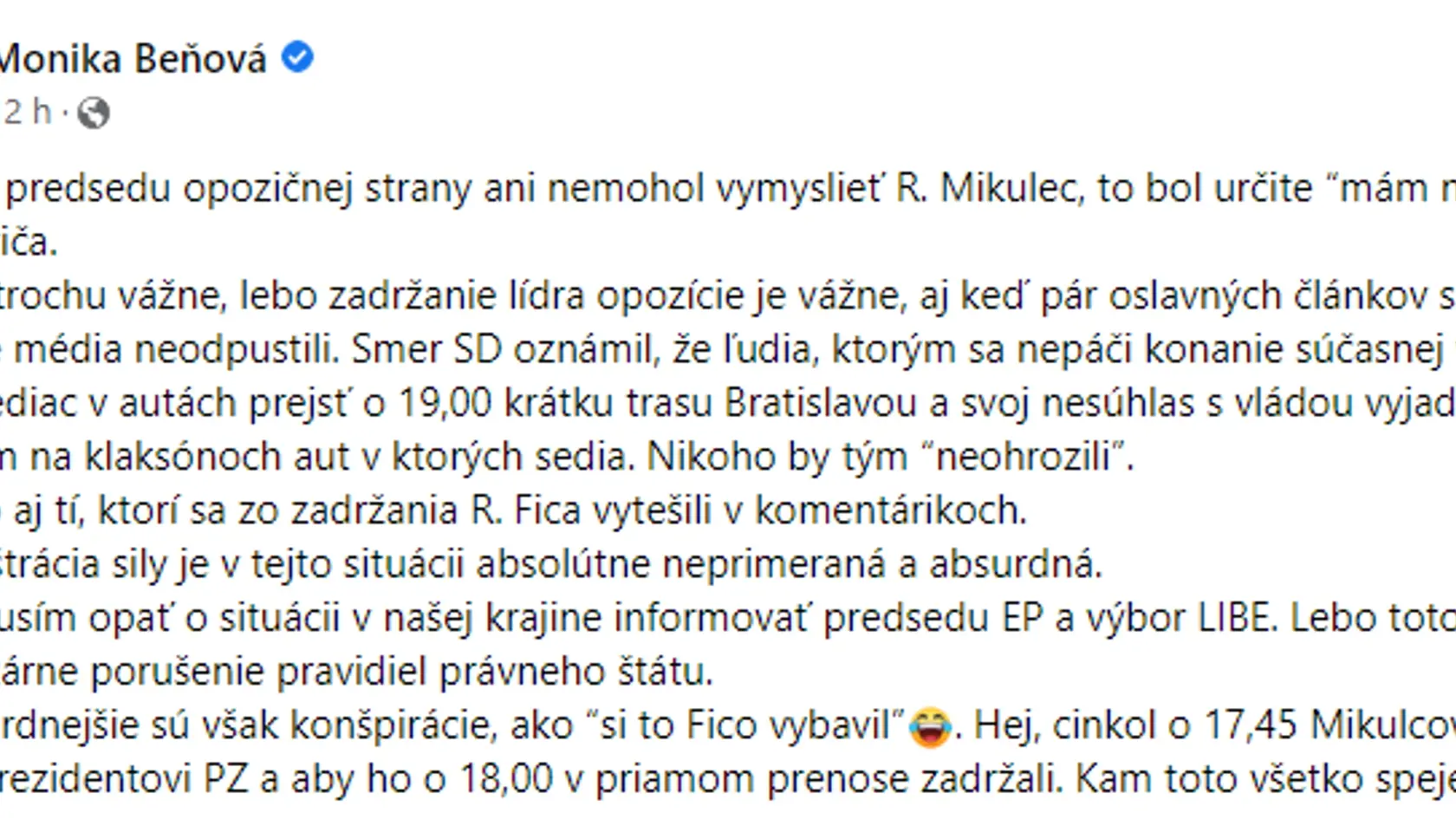 Monika Beňová reagovala na incident s Robertom Ficom.