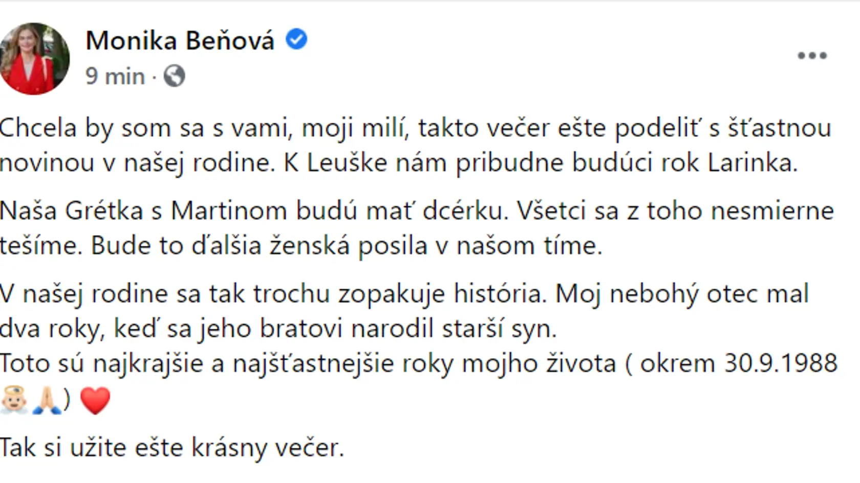 Monika Beňová sa čoskoro stane babičkou.