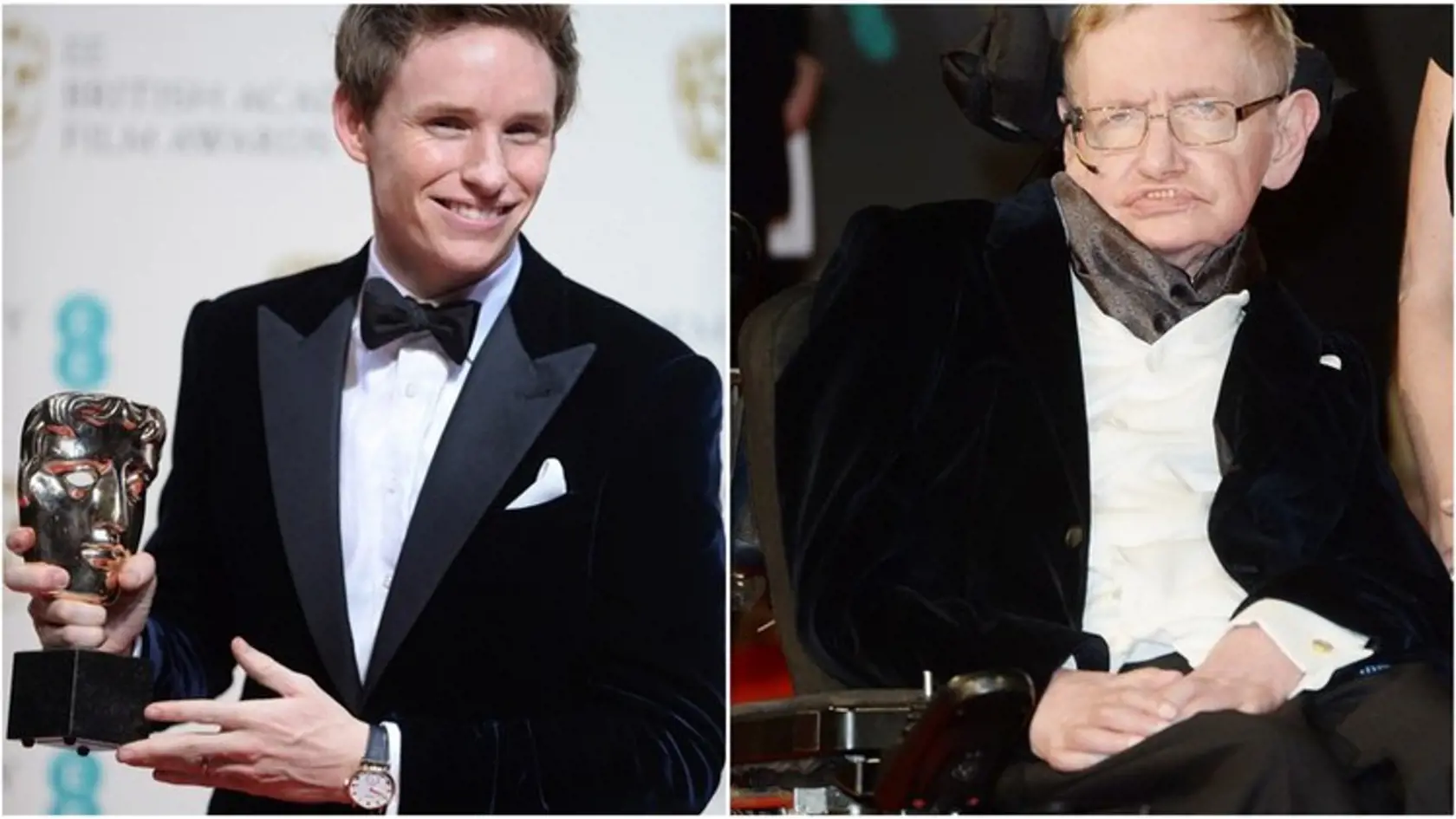 Predstaviteľ Hawkinga herec Eddie Redmayne a skutočný Stephen William Hawking.