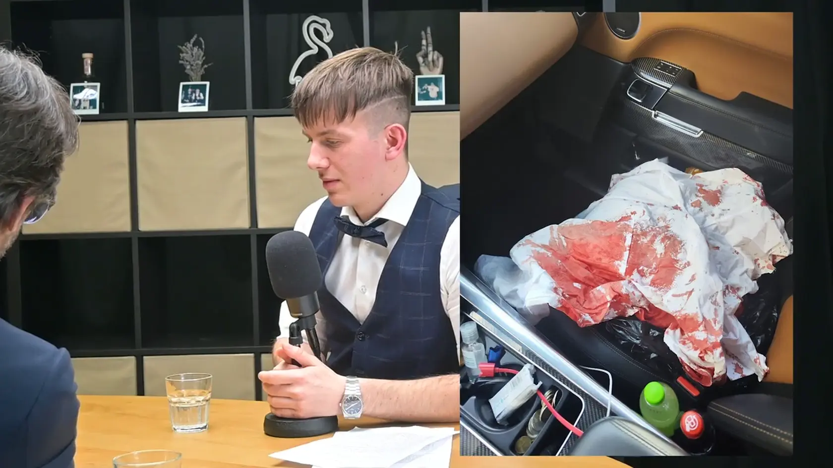 Zábery z rozhovoru s Robertom Kaliňákom, počas ktorého ukázal fotografie rozstrieľaného saka a krvavej košele Roberta Fica.