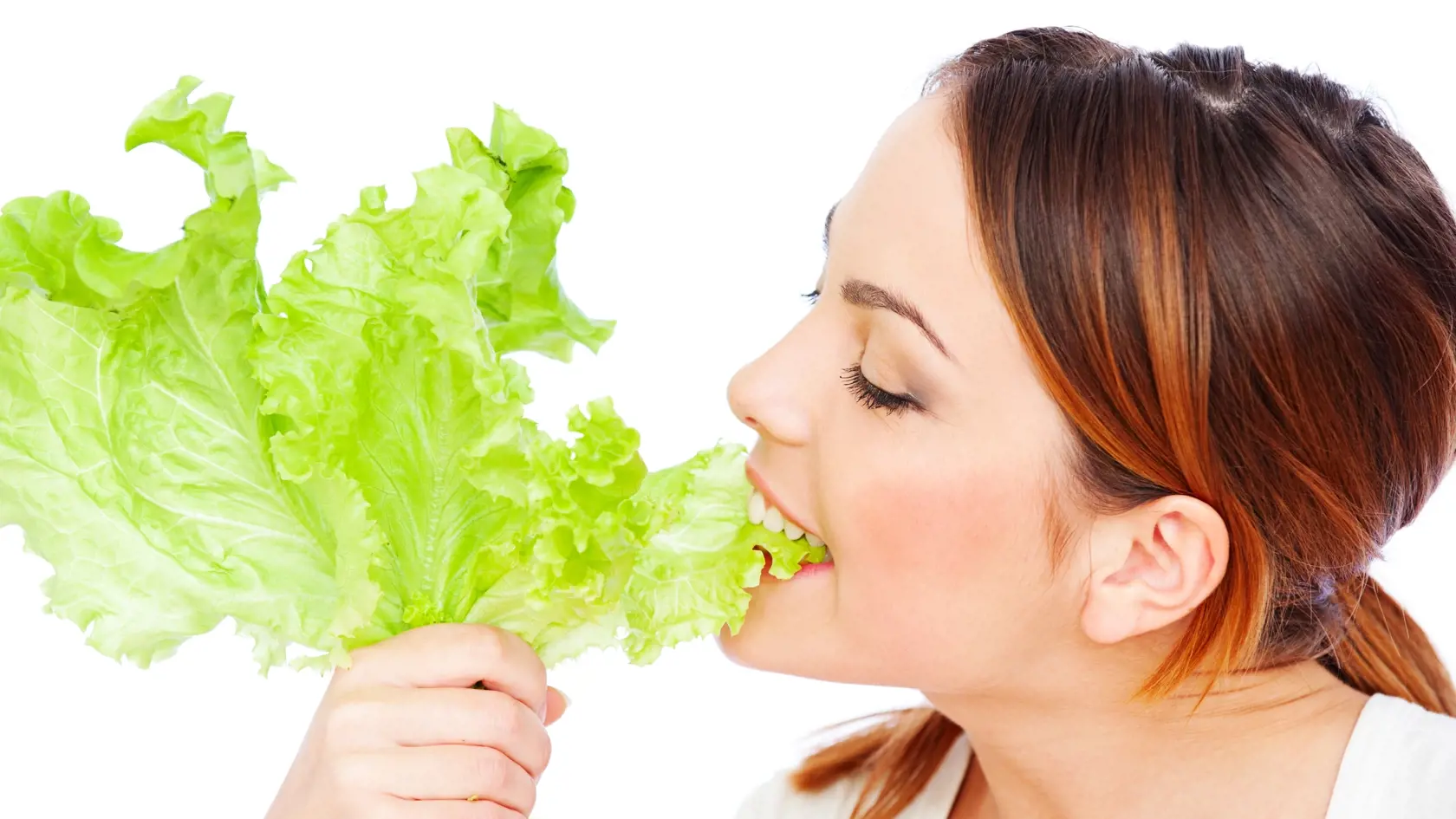 Healthy,Young,Woman,Eating,Green,Lettuce,Over,White,Background