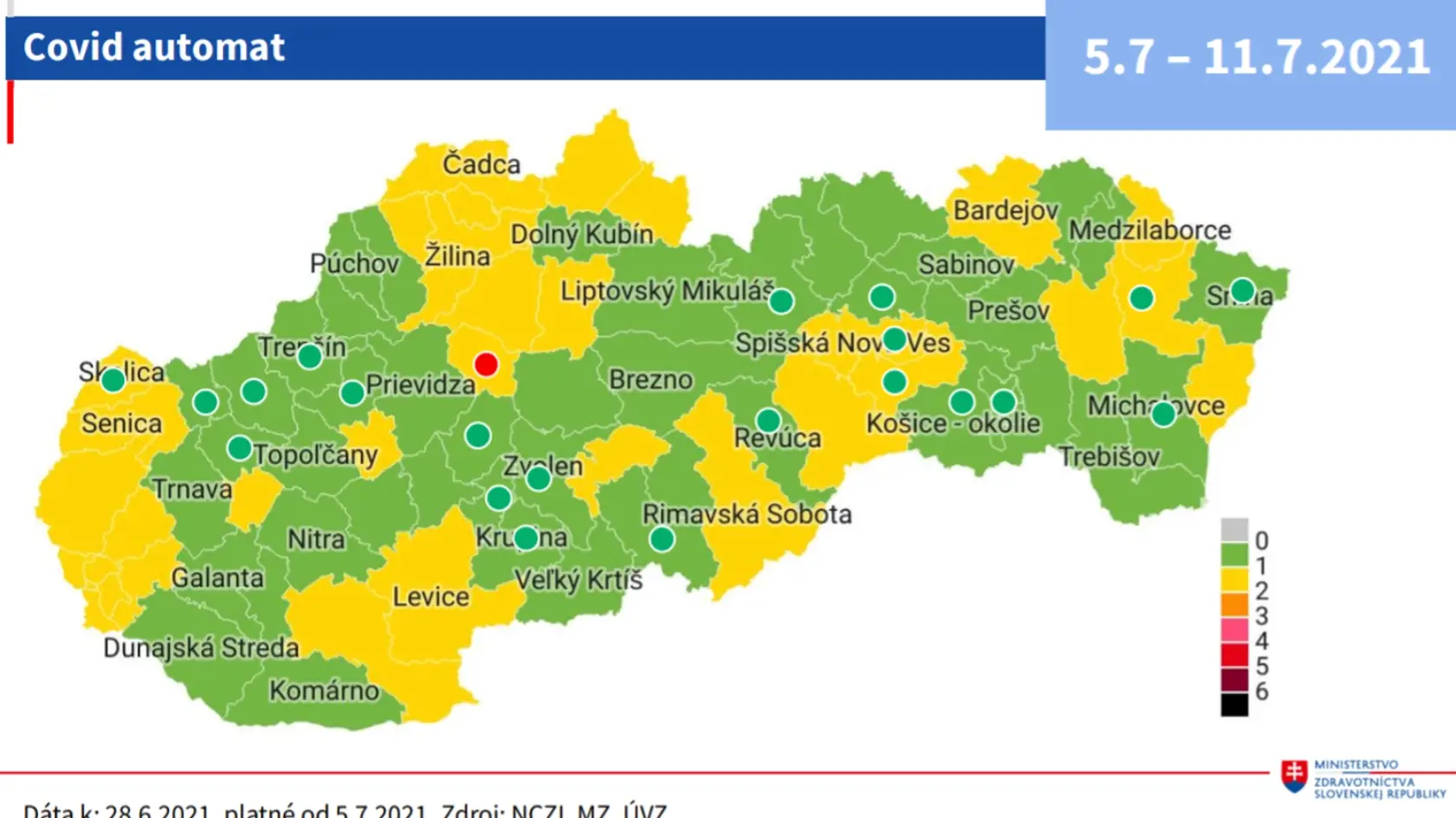 Nová mapa okresov platná od 5.7. do 11.7.