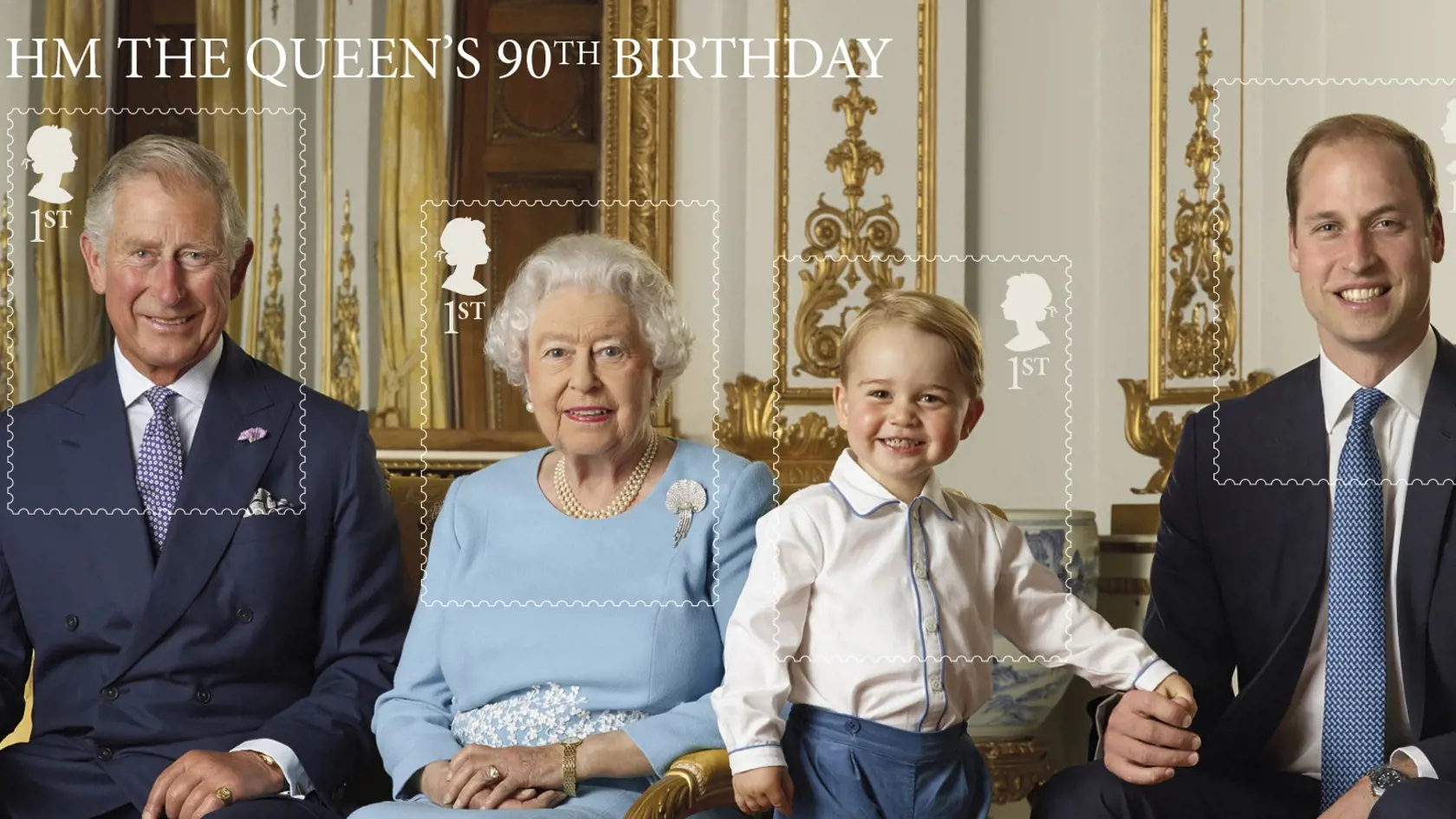 Na snímke, ktorú zverejnila Kráľovská pošta, je počas leta 2015 zľava princ Charles, kráľovná Alžbeta II., princ George a princ William.