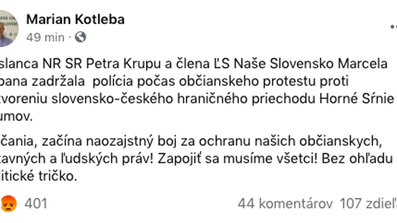 Na proteste zadržali podľa Kotlebu dvoch poslancov ĽSNS.