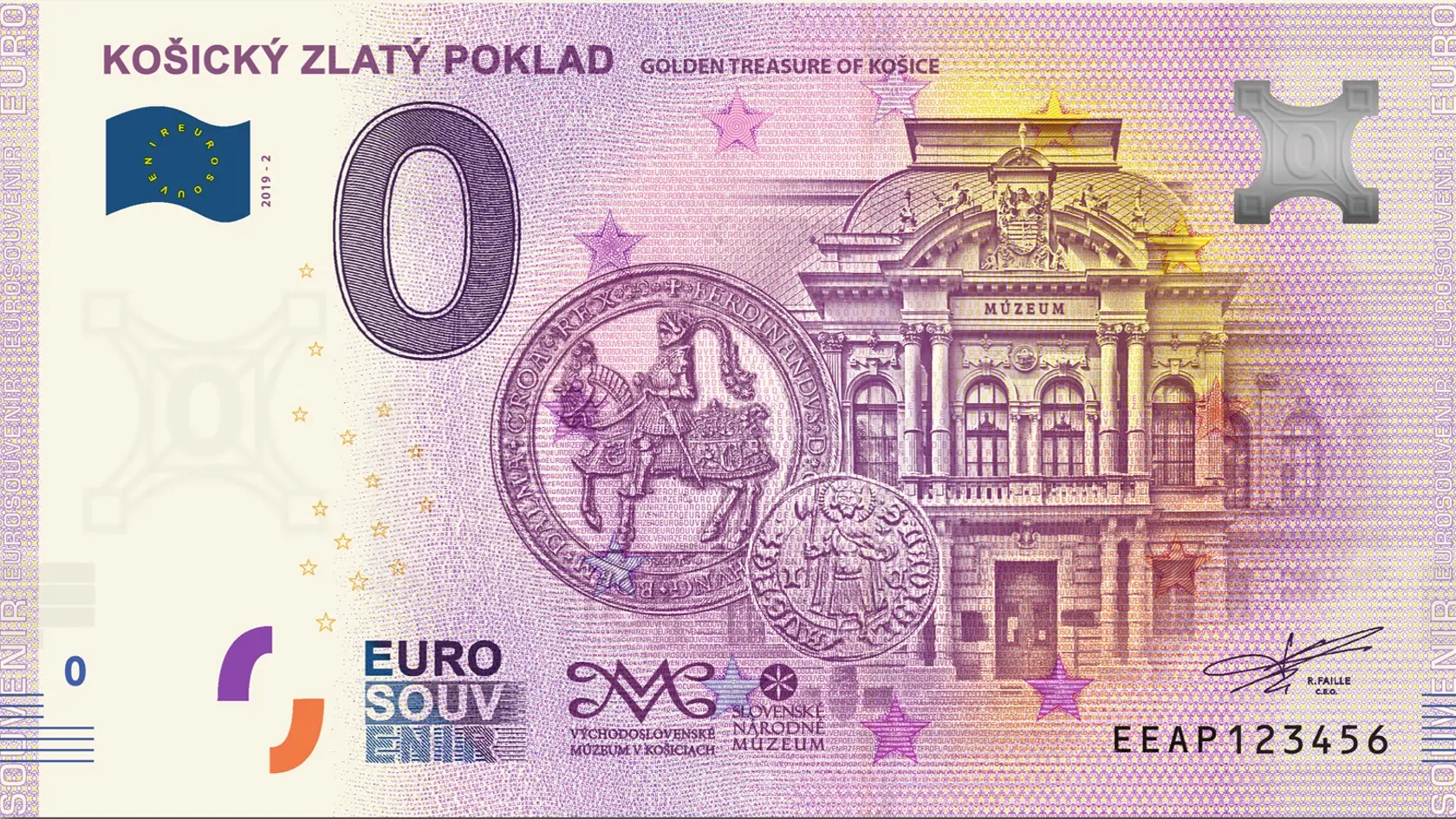 Na bankovke je jazdecká medaila Ferdinanda I. z roku 1541 a dukát Žigmunda Luxemburského razený v Košickej mincovni. V pozadí sa rozprestiera Historická účelová budova, v ktorej je poklad v súčasnosti vystavený.