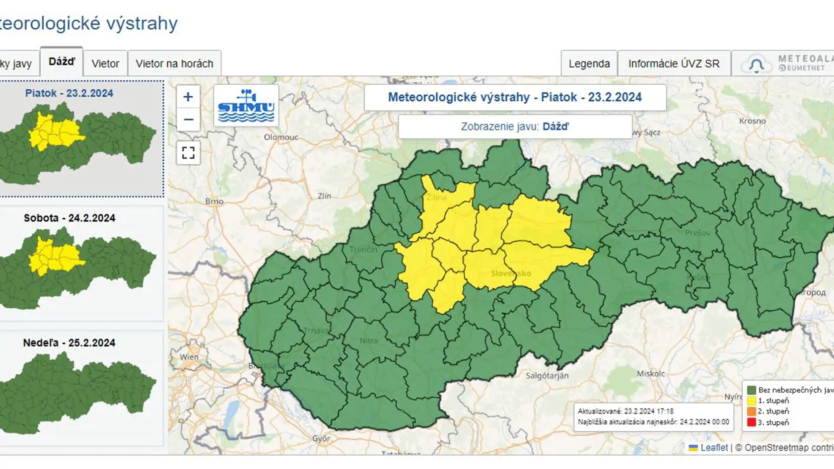 S dažďom treba od piatka večera počítať v okresoch Banská Bystrica, Brezno, Prievidza, Liptovský Mikuláš, Martin, Ružomberok, Turčianske Teplice a Žilina, a to až do soboty doobeda.