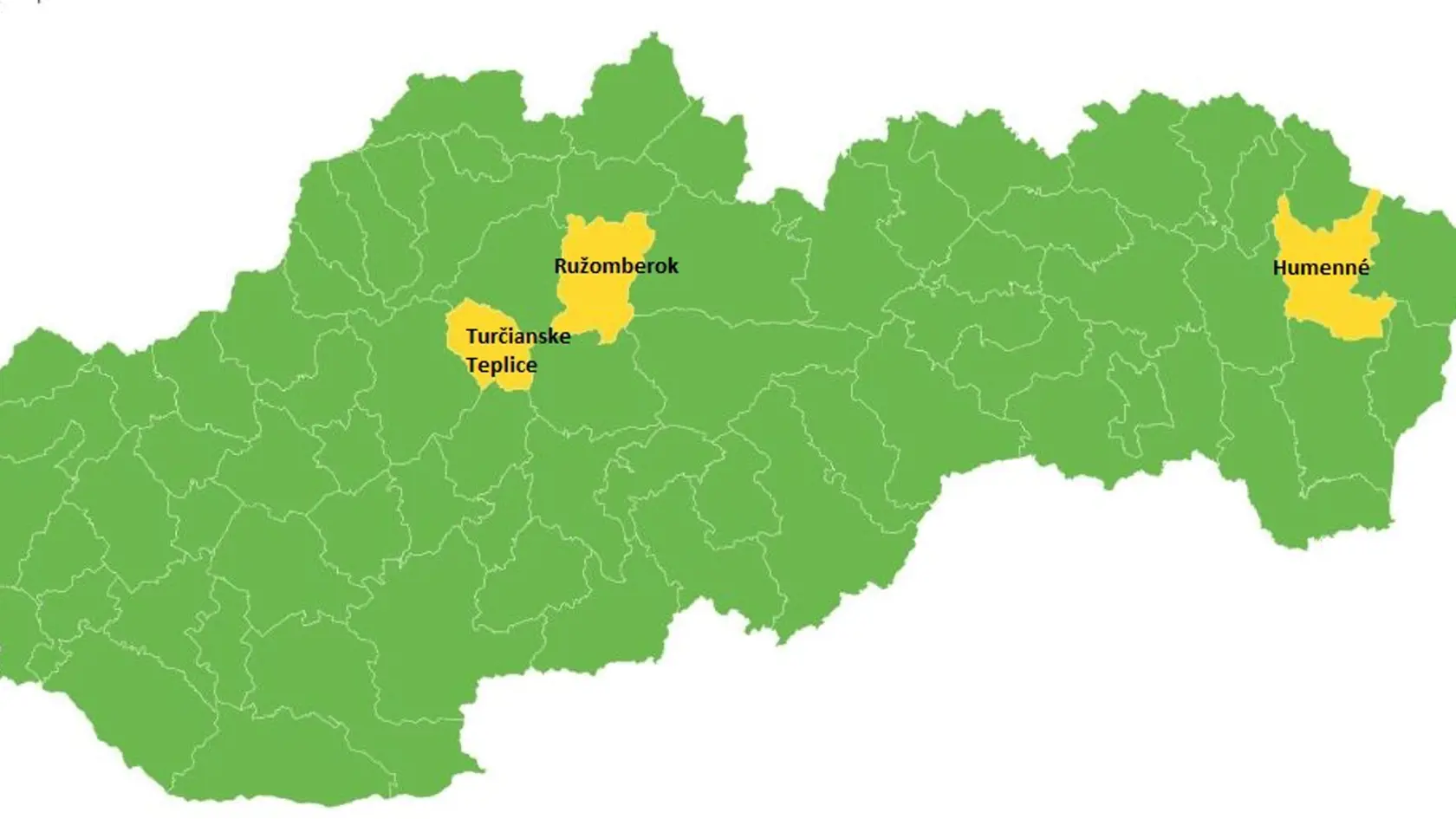 Mapa od pondelka 12. 7. V žltej farbe sú už len posledné tri okresy.