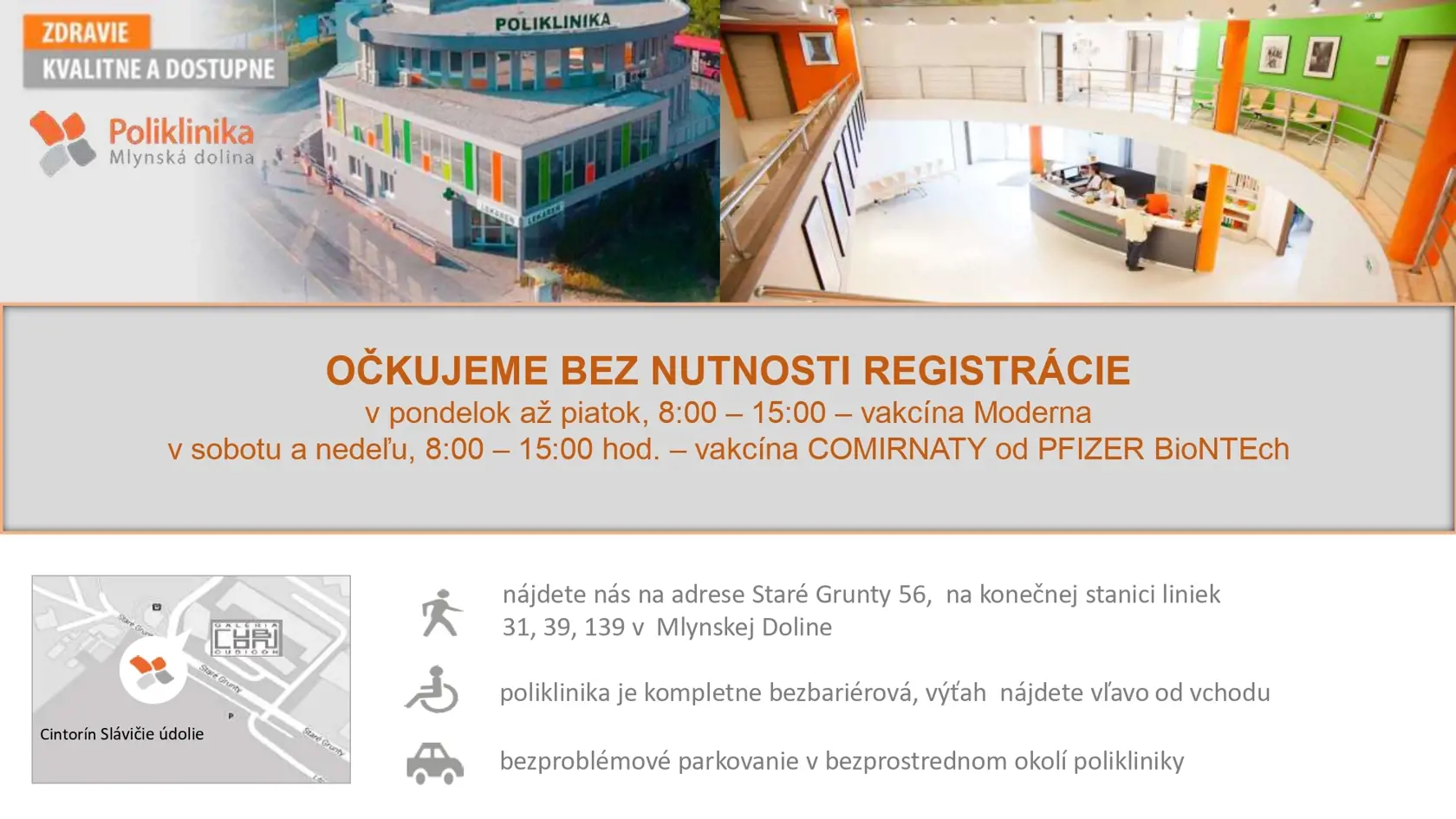 Poliklinika je druhým miestom v Bratislave kde vás zaočkujú bez registrácie.