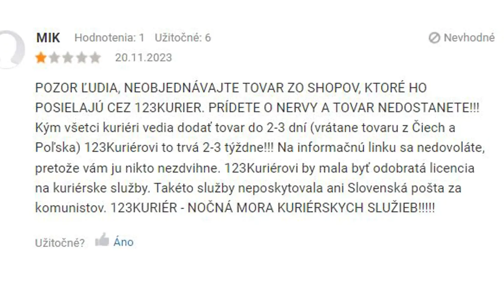 Negatívne recenzie zákazníkov s kuriérskou spoločnosťou.