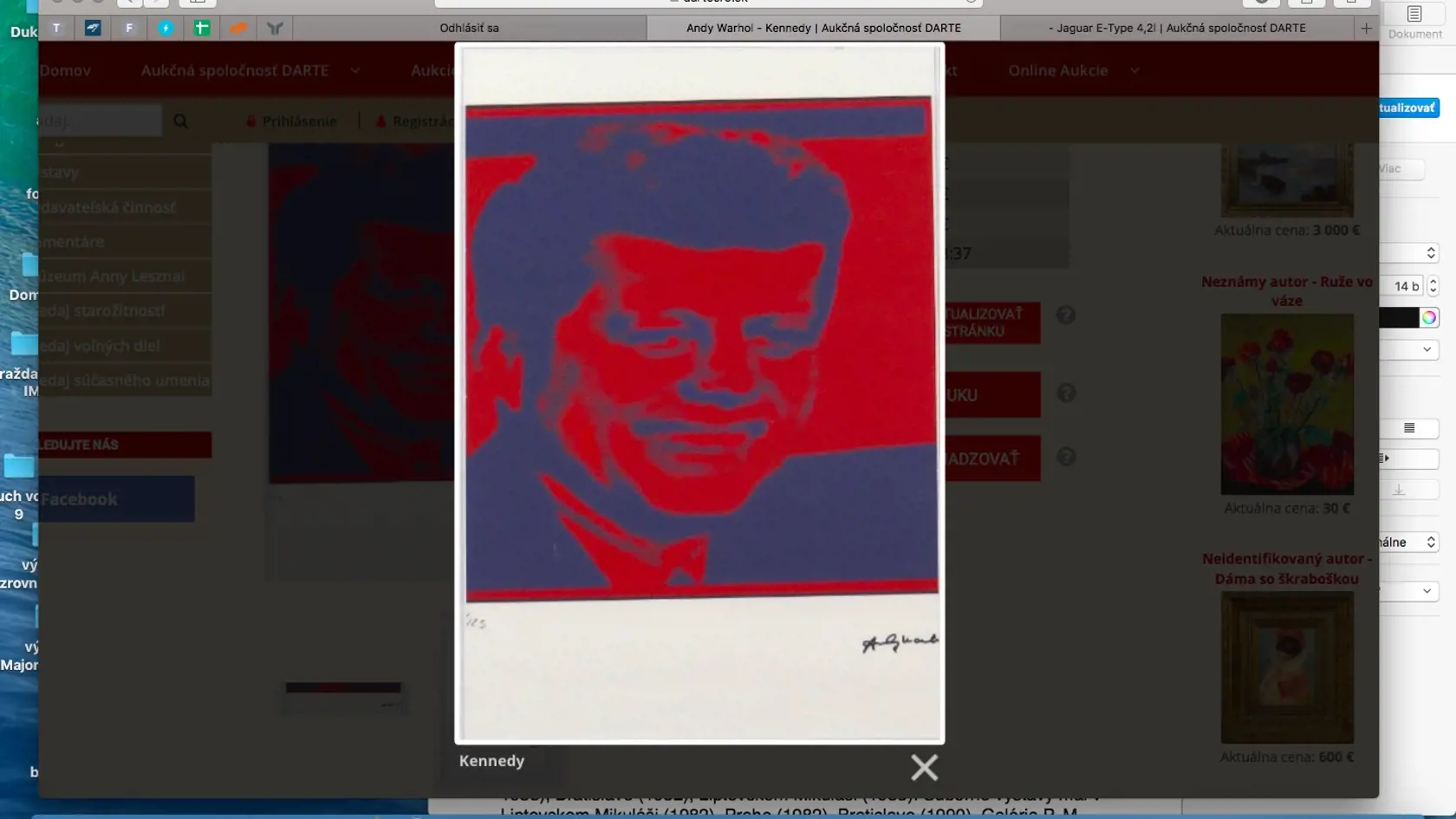 Andy Warhol - Kennedy
Technika: ofsetová litografia 81/125
Značenie: vpravo dole v tlači
Vyvolávacia cena 800
Rozmery: 32 x 32 cm