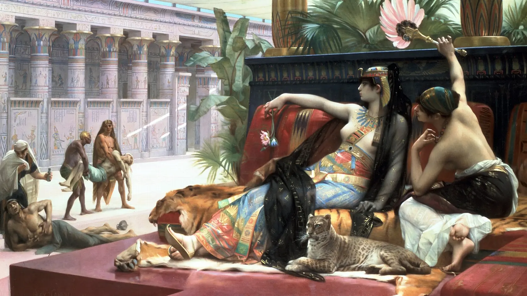Obraz od britského maliara Lawrence Alma-Tadema - Kleopatra testuje jedy na odsúdencoch.