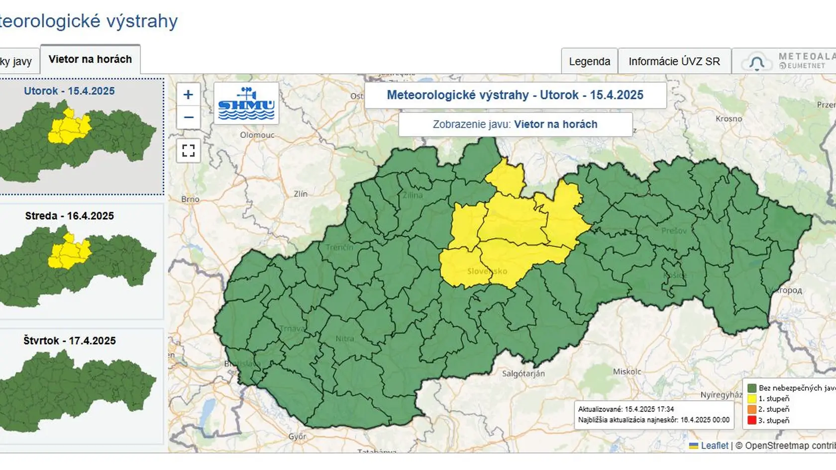 V okresoch Banská Bystrica, Brezno, Poprad, Liptovský Mikuláš, Ružomberok a Tvrdošín treba do stredajšieho (16. 4.) rána počítať s vetrom na horách. 