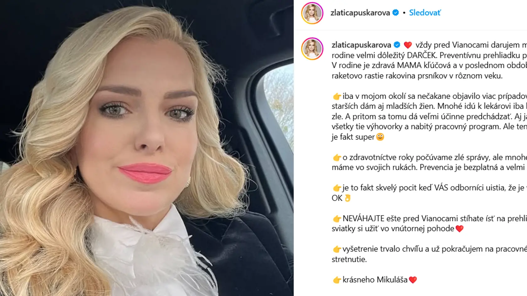 Zlatica Puškárová v najnovšom príspevku poukázala na dôležitosť preventívnych prehliadok. Pri tejto príležitosti sa podelila aj o svoj zdravotný stav.