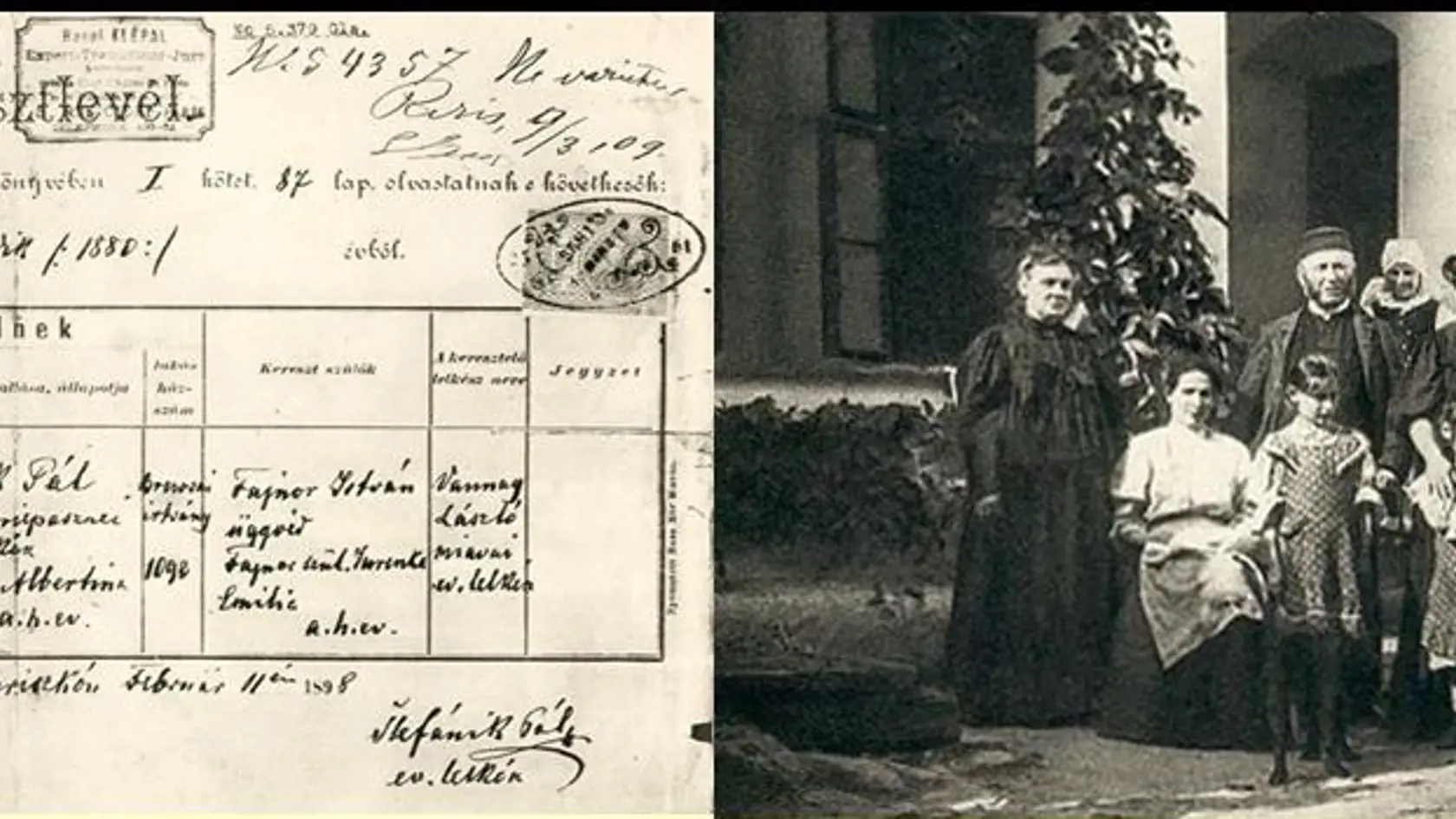 Rodný list M. R. Štefánika. Na druhej fotografii je generál (v klobúku) so svojou rodinou.