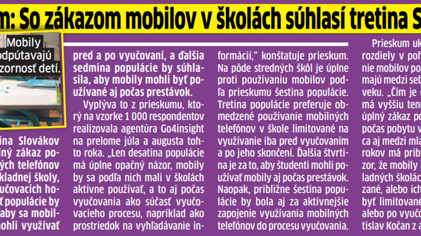 Tretina Slovákov je za zákaz telefónov na školách.