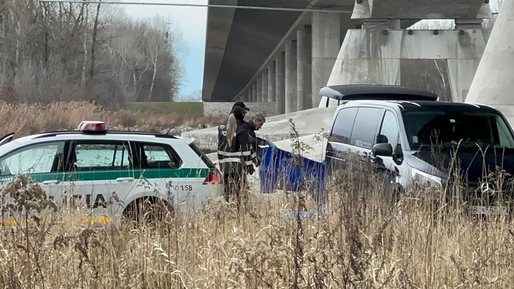 Telo nezvestnej 18-ročnej Terezky bolo nájdené pod mostom pri Dunaji ráno 1. februára 2023. Na snímke polícia a pohrebná služba nakladá jej telo do auta.