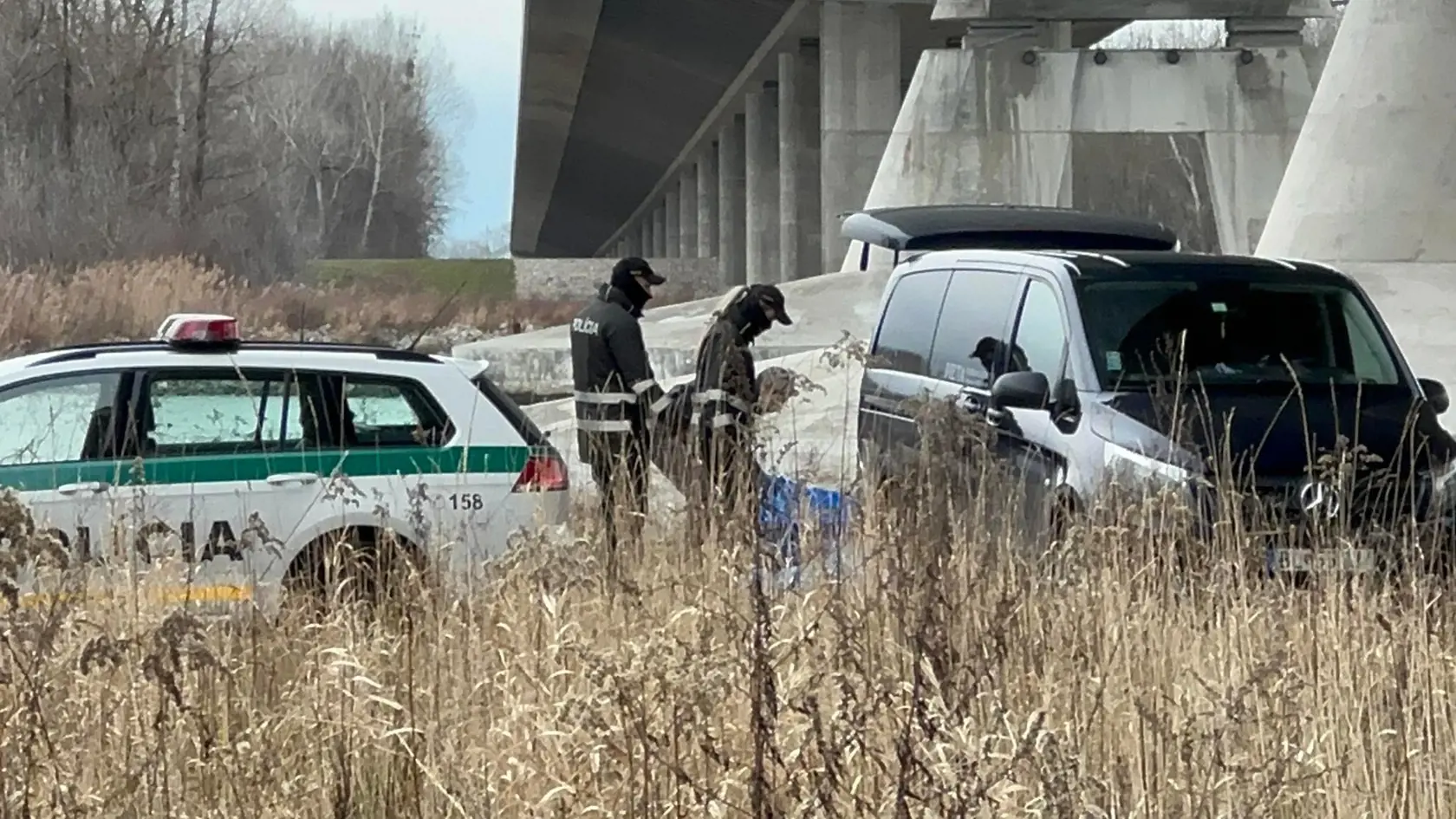 Telo nezvestnej 18-ročnej Terezky bolo nájdené pod mostom pri Dunaji ráno 1. februára 2023. Na snímke polícia a pohrebná služba nakladá jej telo do auta.