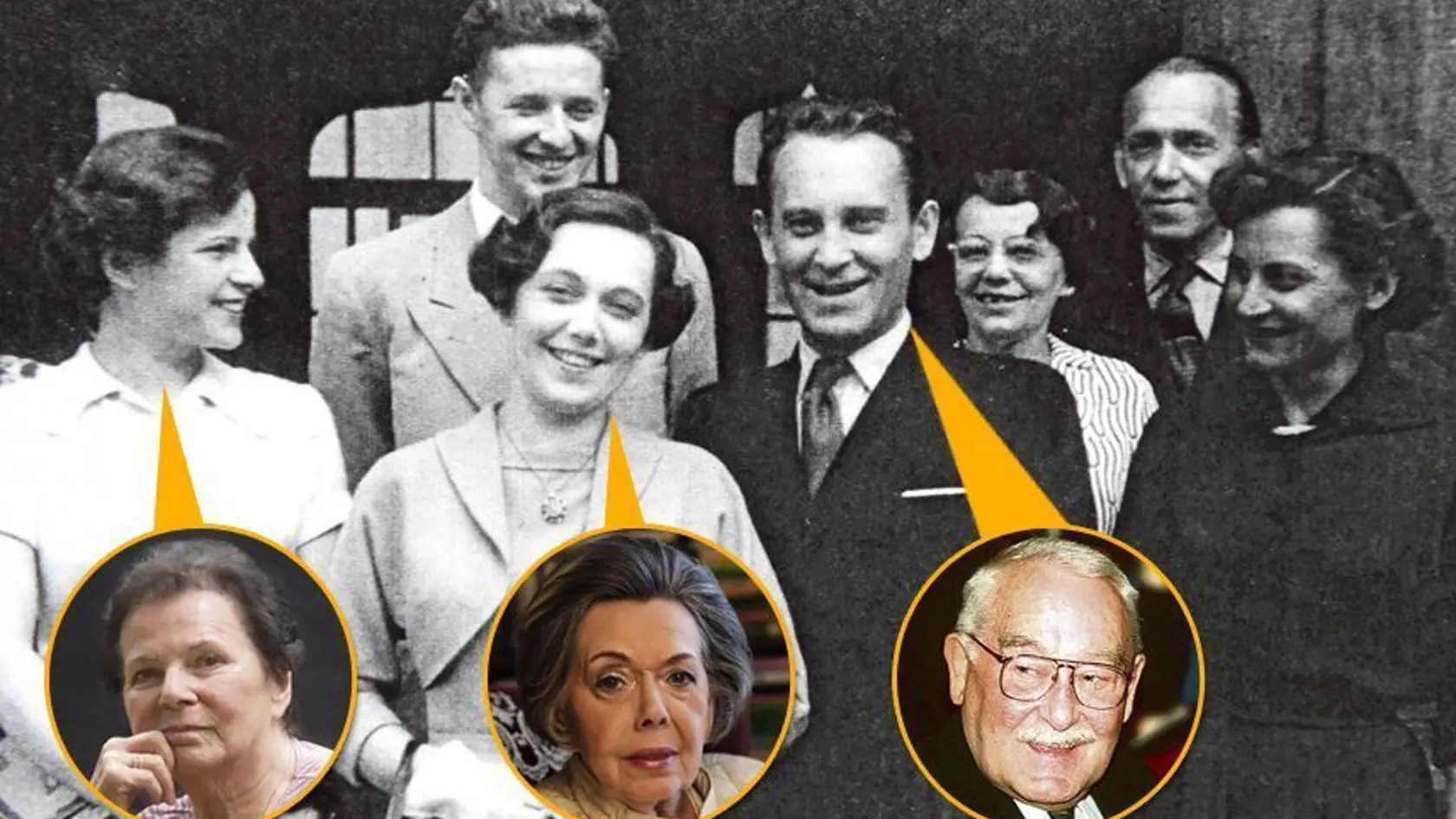 Svadobná fotka z roku 1953 - Zľava: Jiřina Švorcová, Jiří Vala, Jiřina Jirásková, Jiří Pleskot, mamička Jirásková, otecko Jirásek, Jiřina Čiperová.