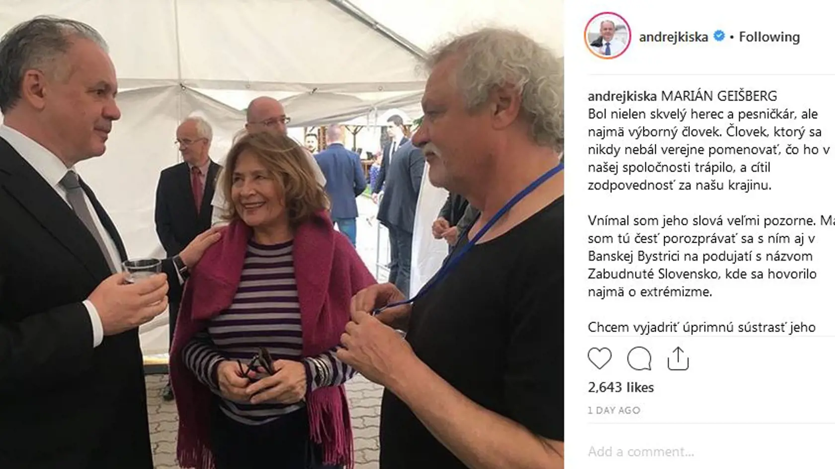 S Mariánom Geišbergom sa na svojom oficiálnom profile rozlúčil prezident Andrej Kiska.