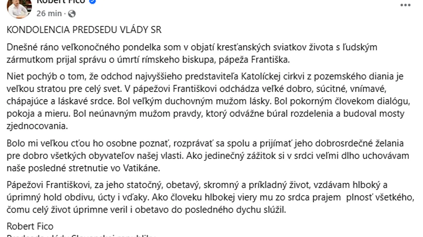 Kondolencia predsedu vlády Roberta Fica (Smer). 