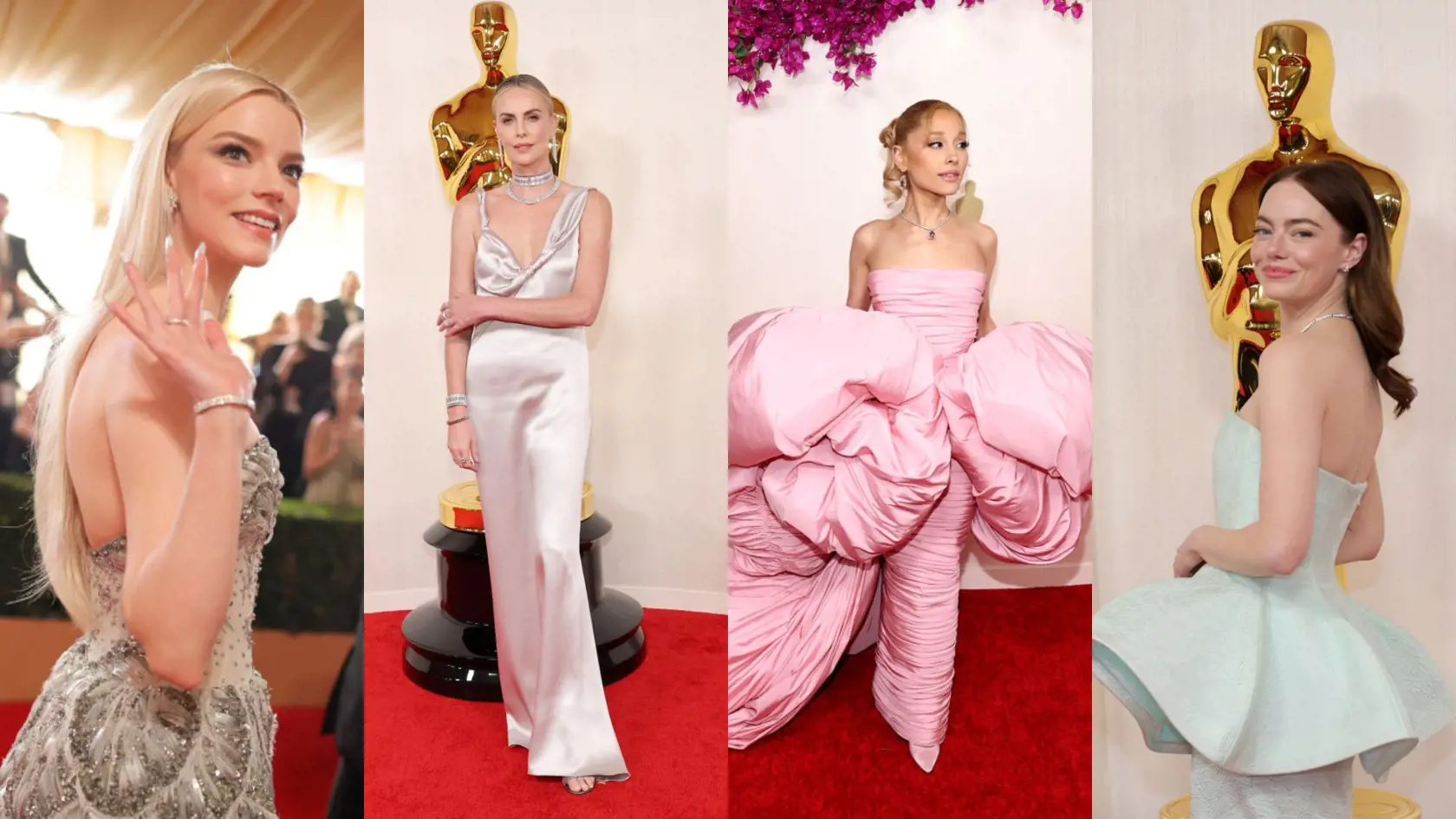 Červený koberec z Oscarov 2024, zľava: Anya Taylor-Joy, Charlize Theron, Ariana Grande a Emma Stone