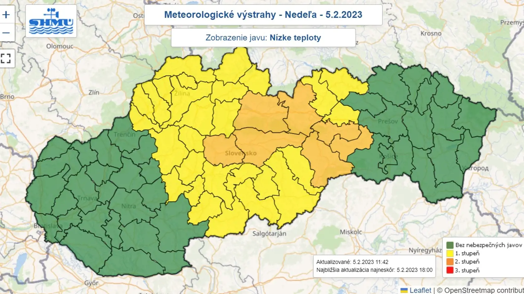 SHMÚ varuje pred nízkymi teplotami, výstrahy platia od nedele do utorka.